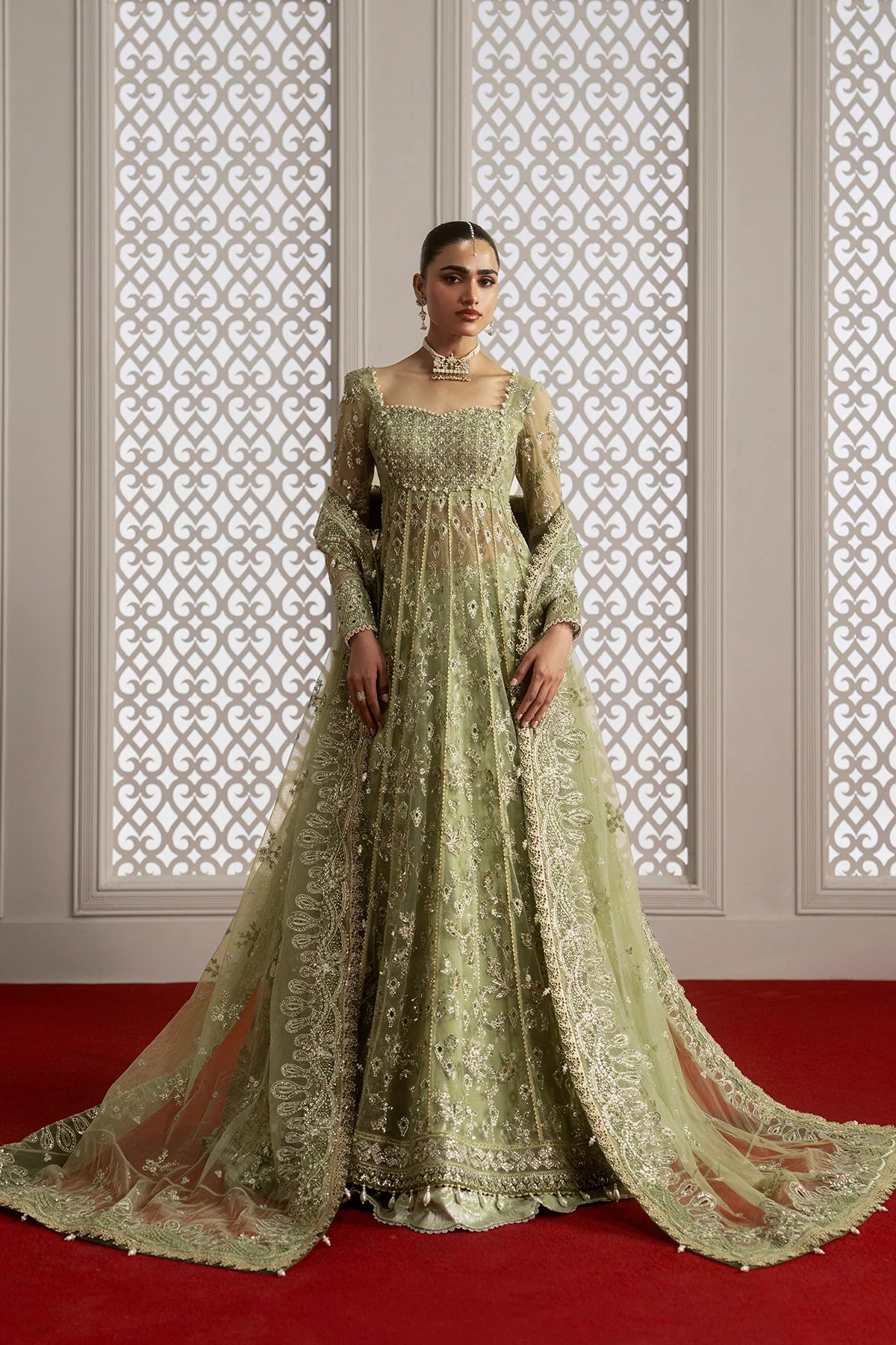 Afrozeh Aure Unstitched 3 Piece Embroidered Net Suit with Raw Silk Lehnga (Theodora)