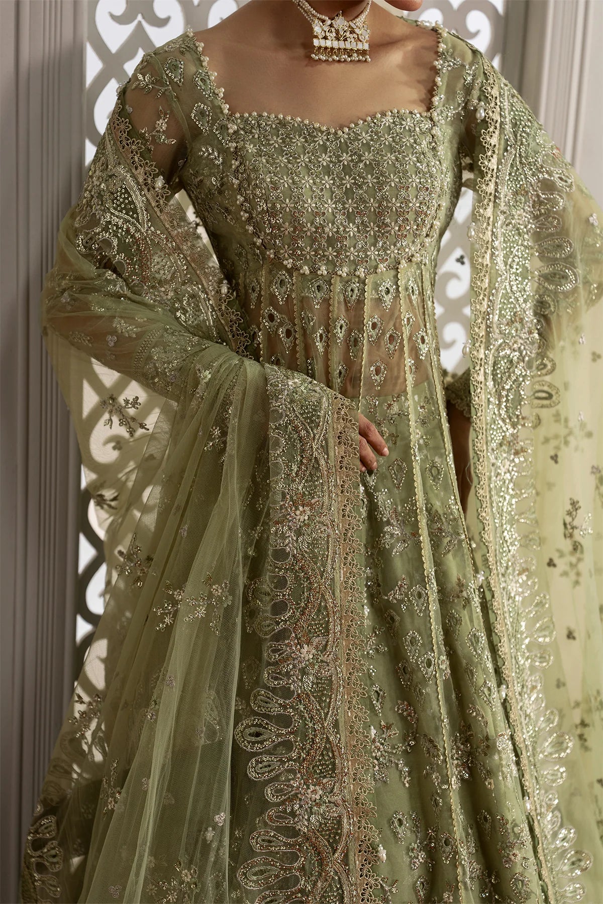Afrozeh Aure Unstitched 3 Piece Embroidered Net Suit with Raw Silk Lehnga (Theodora)