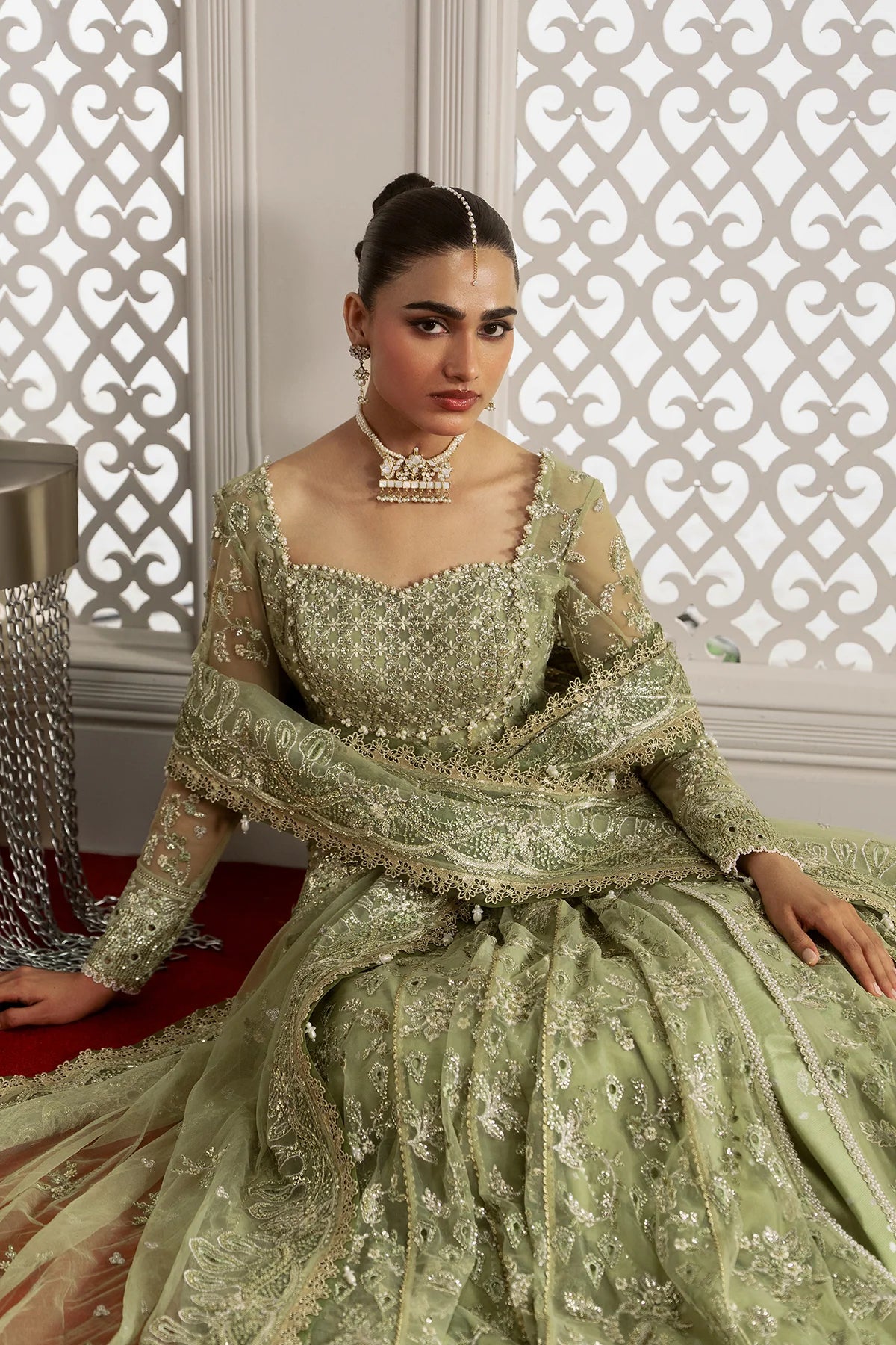Afrozeh Aure Unstitched 3 Piece Embroidered Net Suit with Raw Silk Lehnga (Theodora)