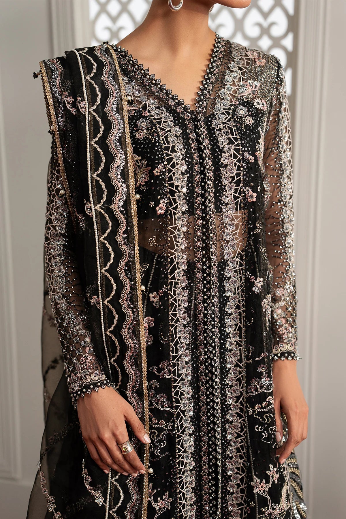 Afrozeh Aure Unstitched 3 Piece Embroidered Organza Suit with Raw Silk Sharara (Magnifique)