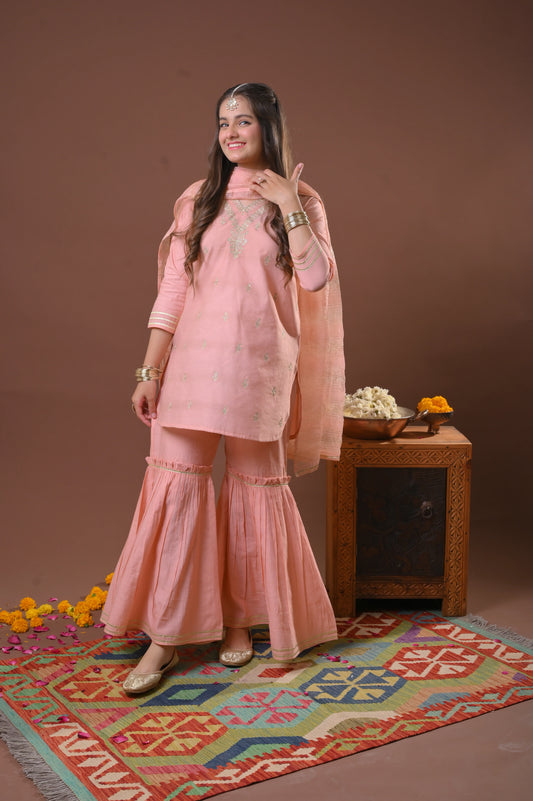 Girls Peach & Gold Formal 3 Piece Suit – Viscose Chambray Katan (GDD-03252)