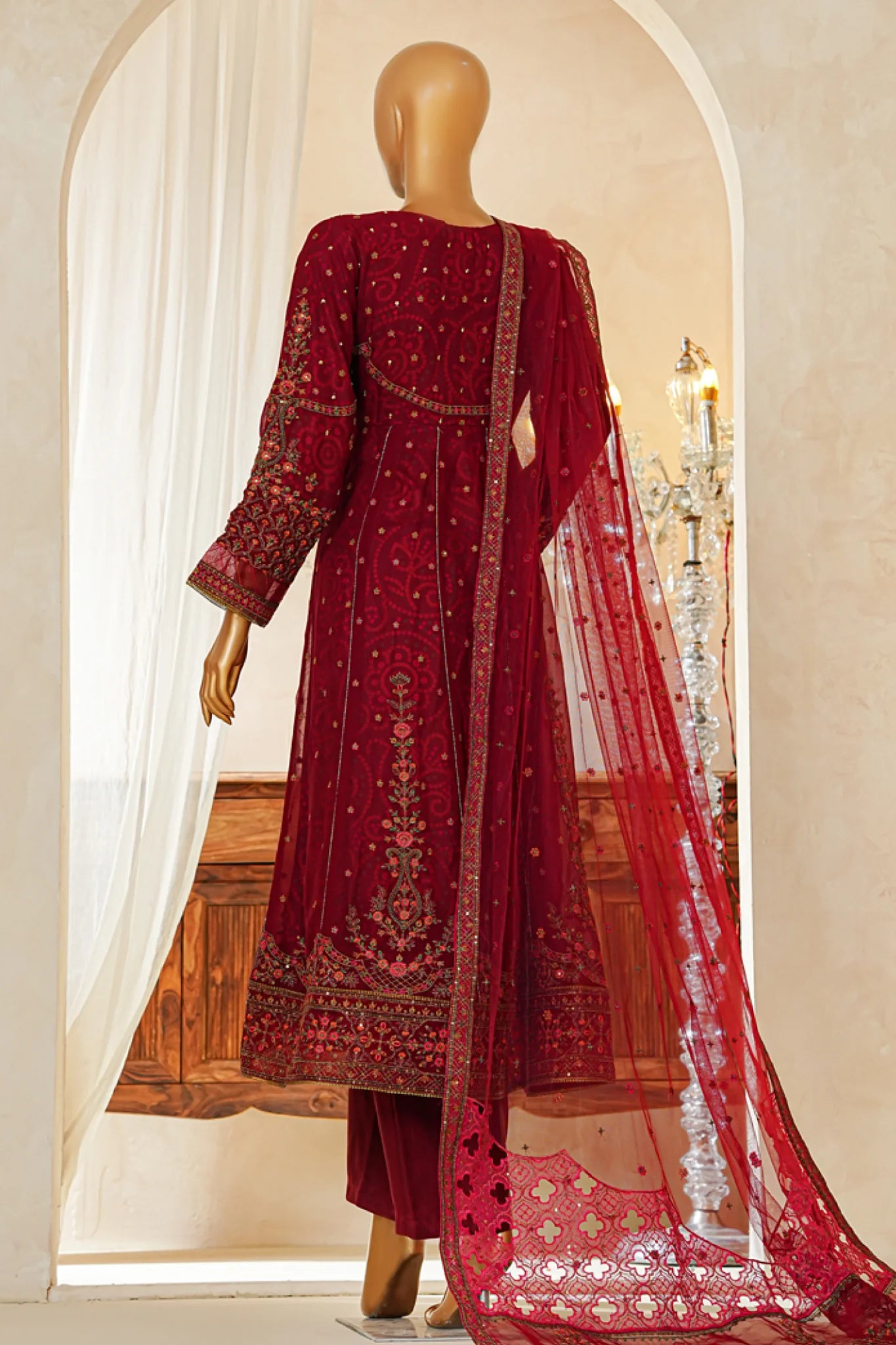 Shaadmaani By HZ  3 Piece Luxury Embroidered Formal Suit Maroon (HZK-213)