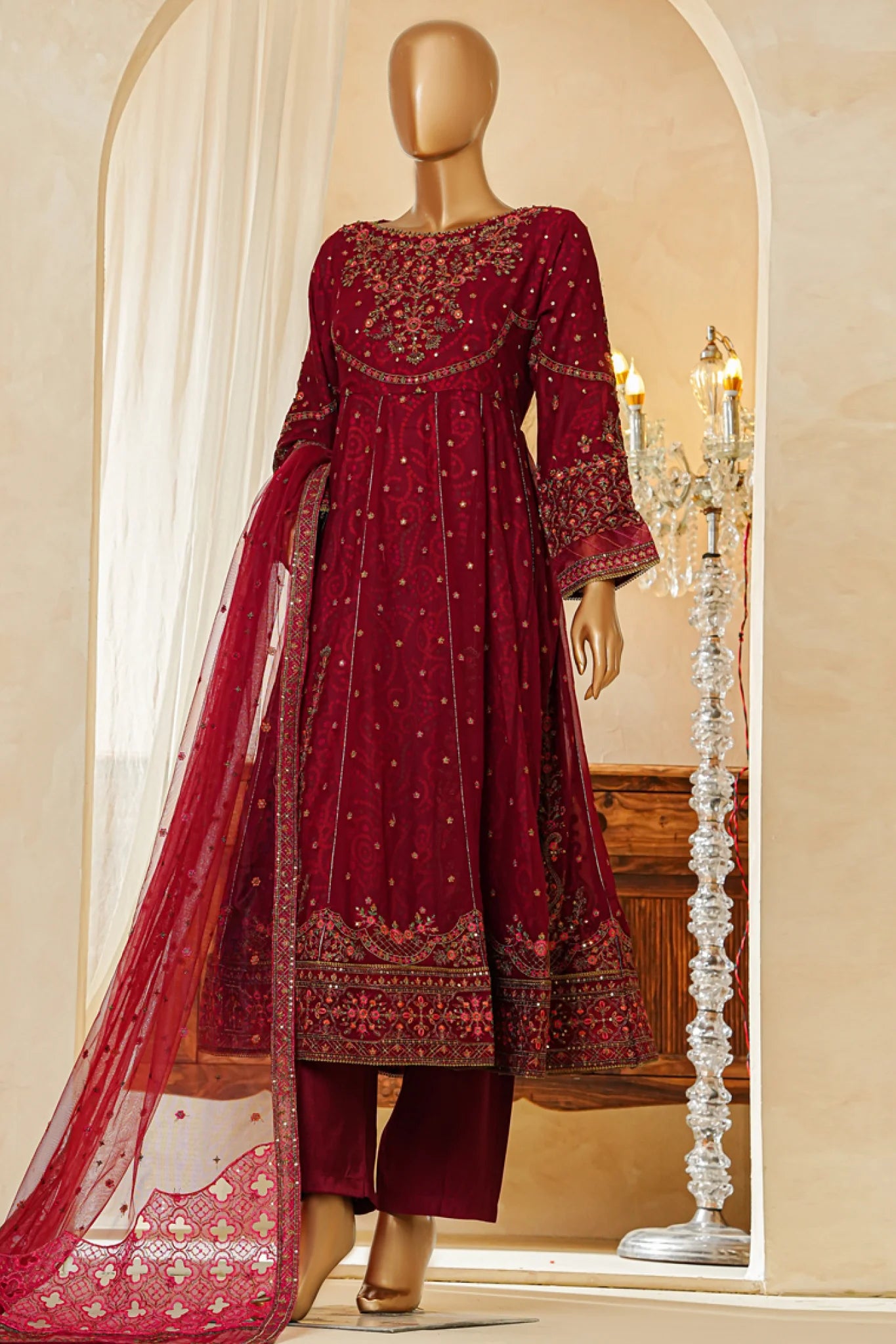 Shaadmaani By HZ  3 Piece Luxury Embroidered Formal Suit Maroon (HZK-213)