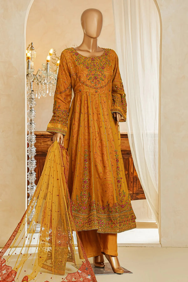 Shaadmaani By HZ 3 Piece Luxury Embroidered Formal Suit Mustard (HZK-213)
