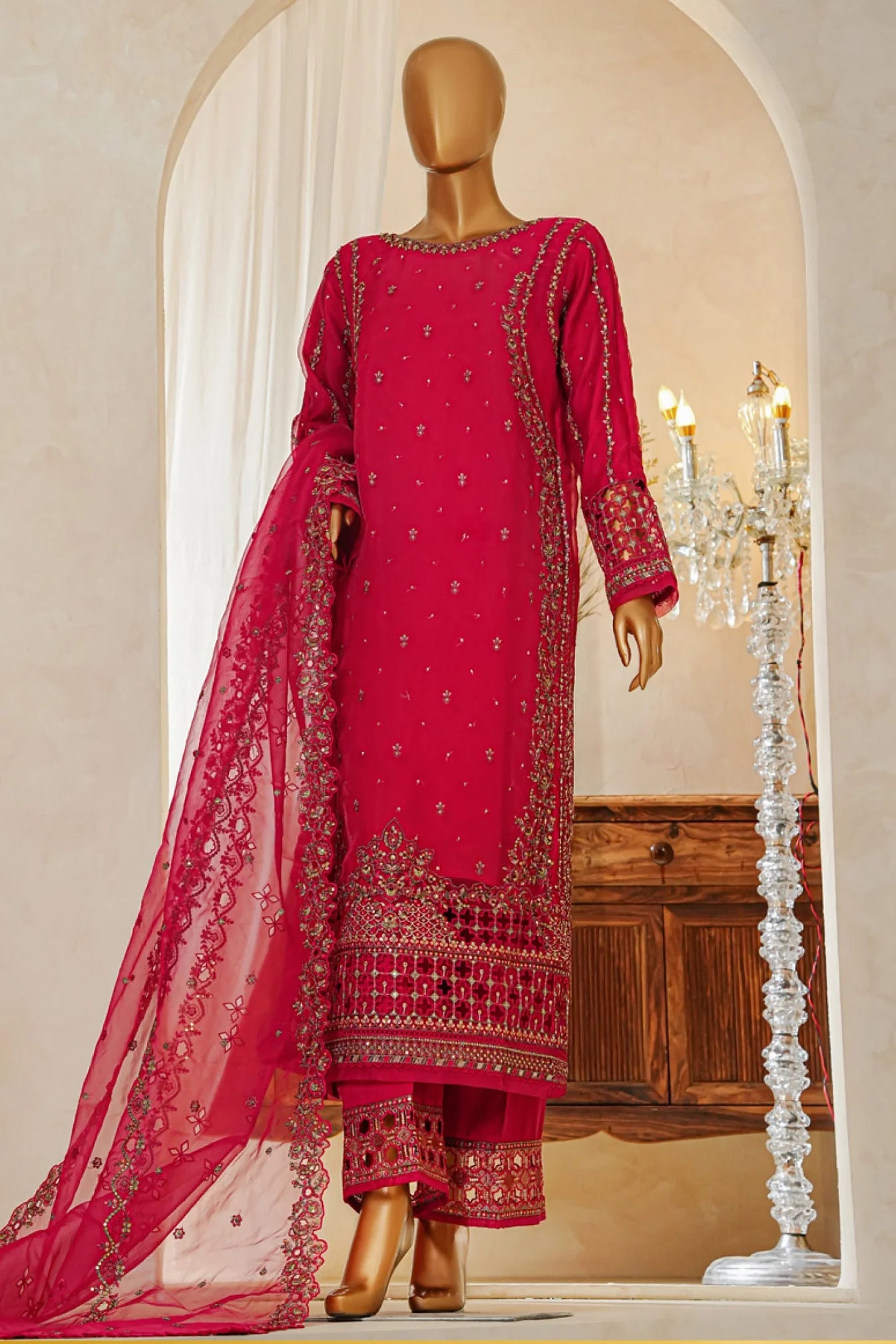 Shaadmaani By HZ 3 Piece Luxury Embroidered Formal Suit Shocking Pink (HZK-215)