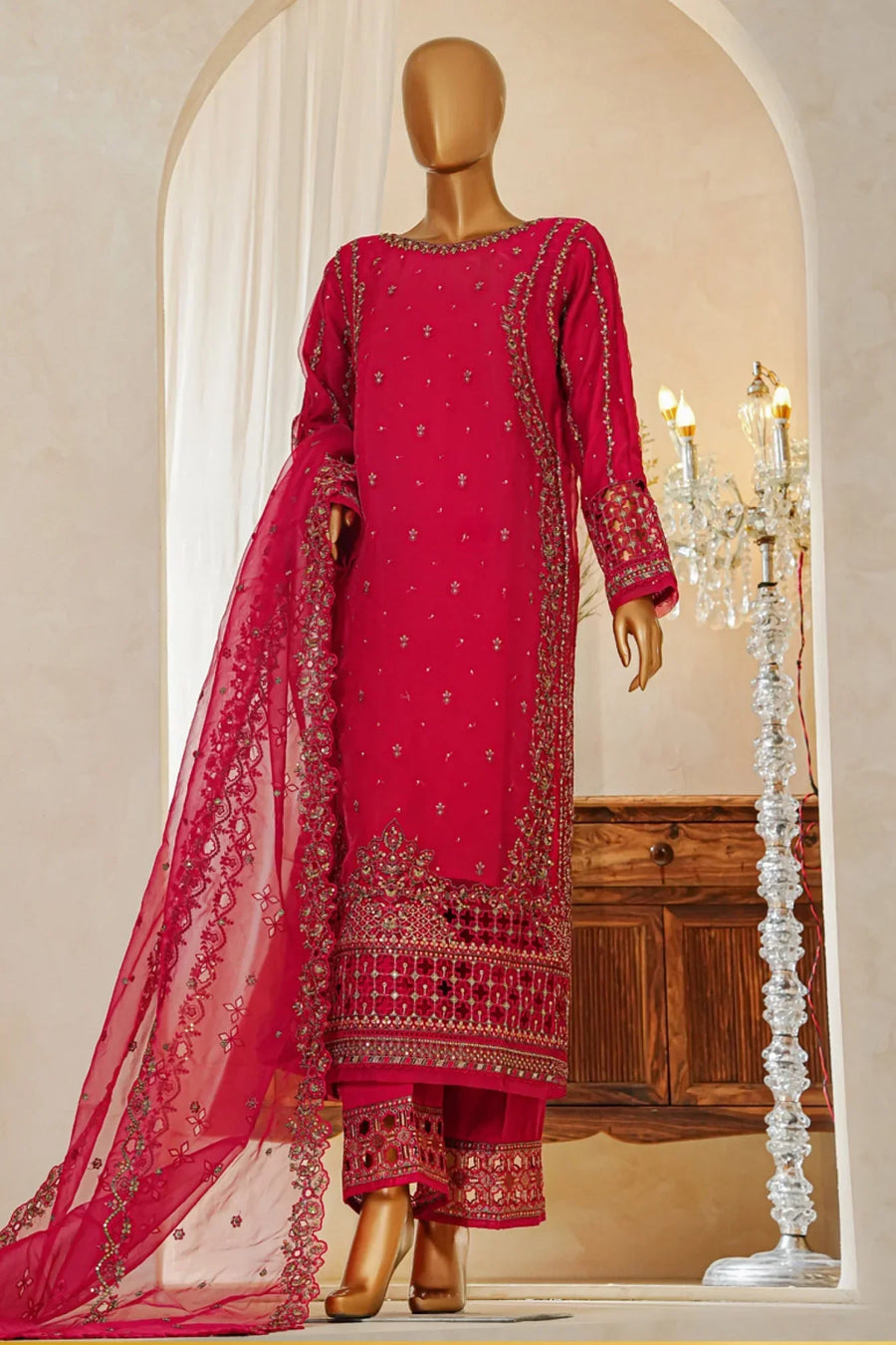 Shaadmaani By HZ 3 Piece Luxury Embroidered Formal Suit Shocking Pink (HZK-215)
