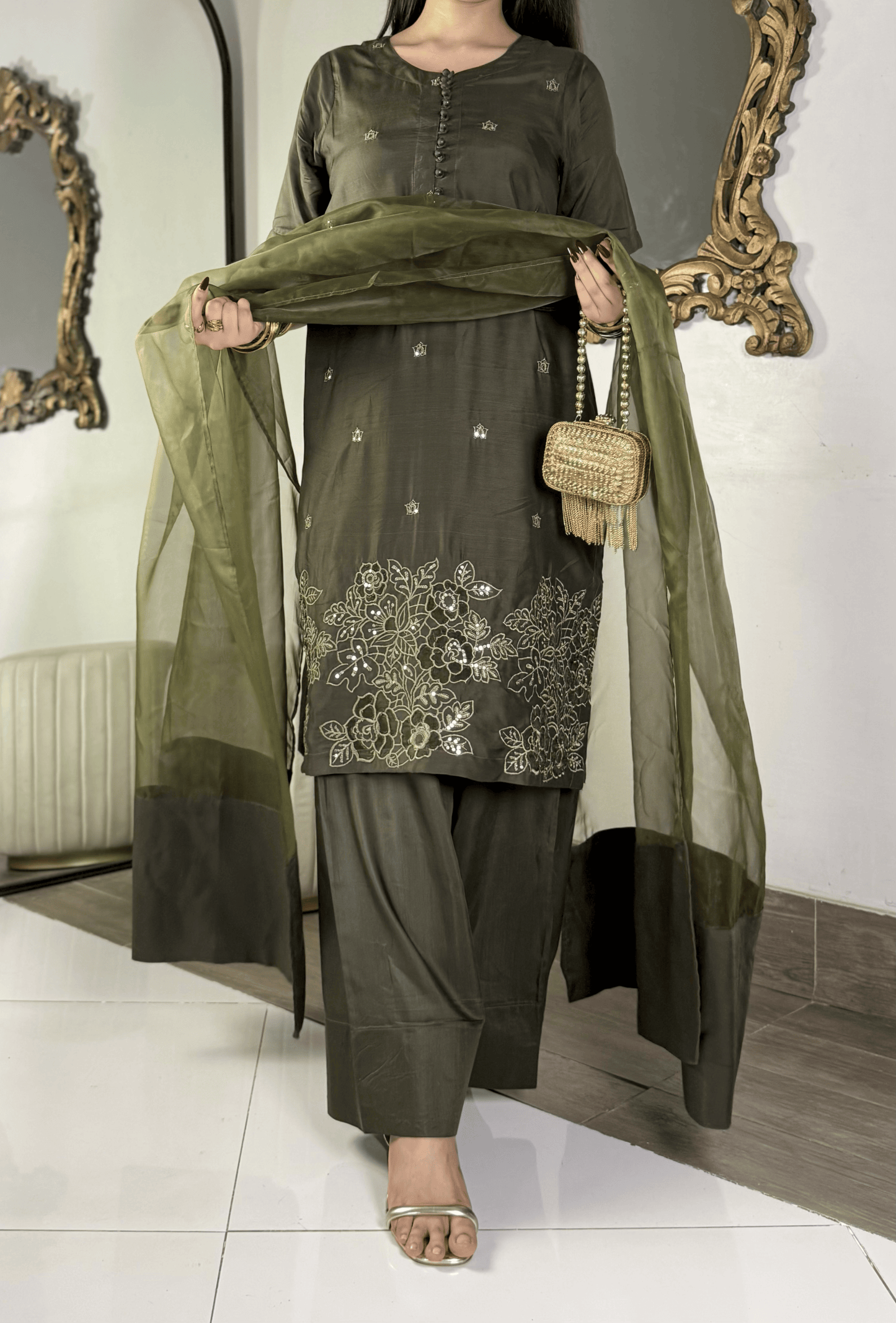 Amna khurram - Olive Green Embroidered Viscose Stitched 3 Piece Suit