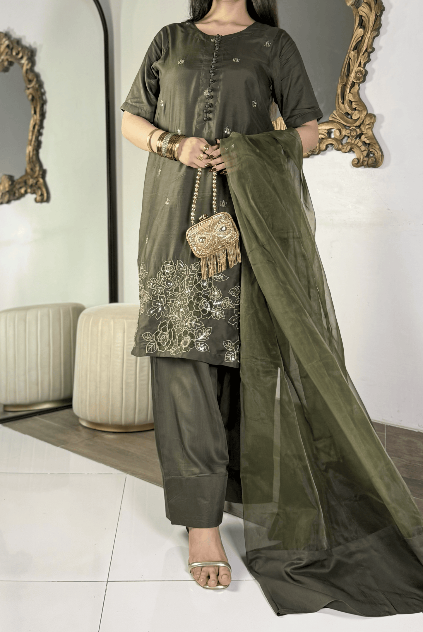 Amna khurram - Olive Green Embroidered Viscose Stitched 3 Piece Suit