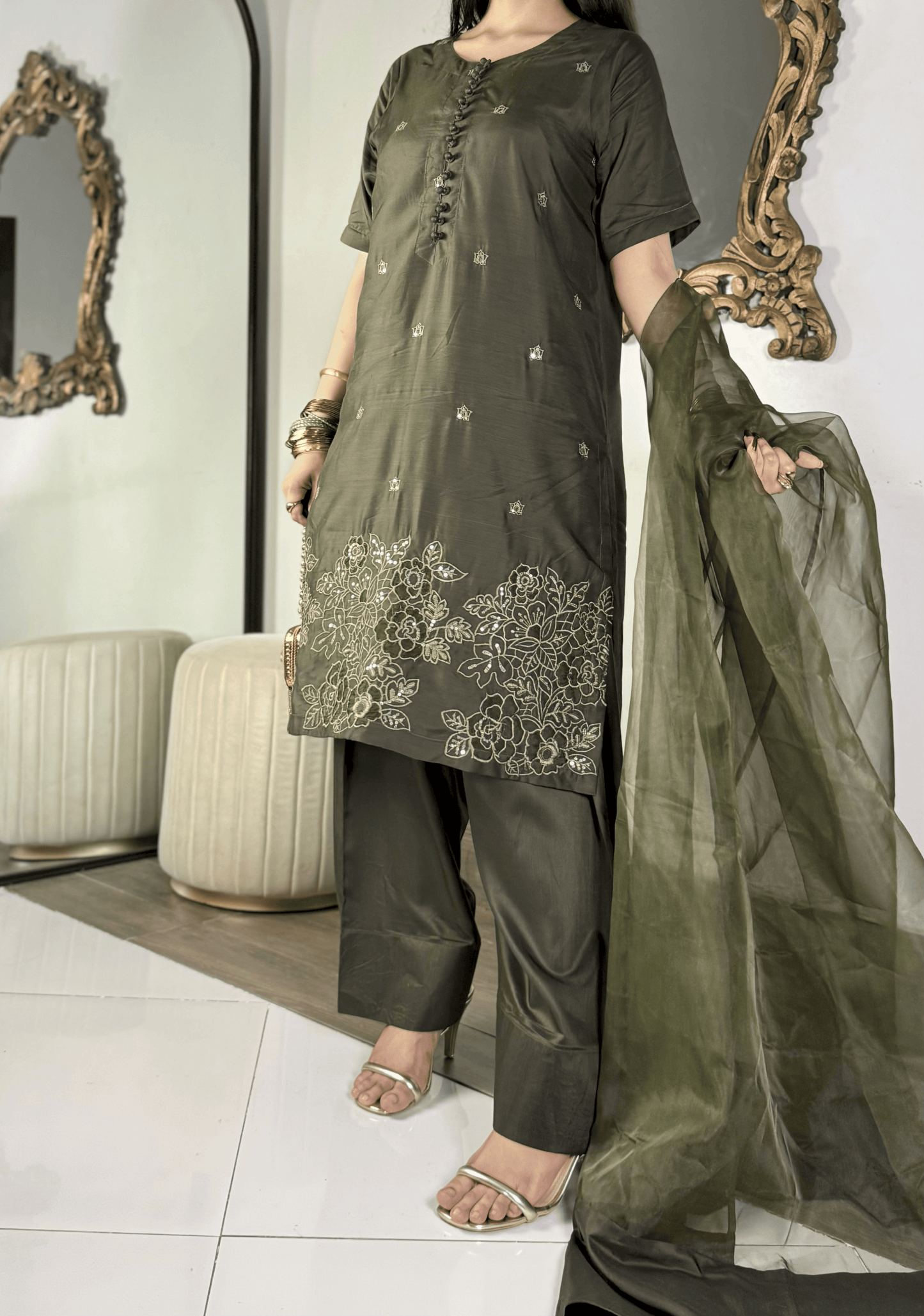 Amna khurram - Olive Green Embroidered Viscose Stitched 3 Piece Suit