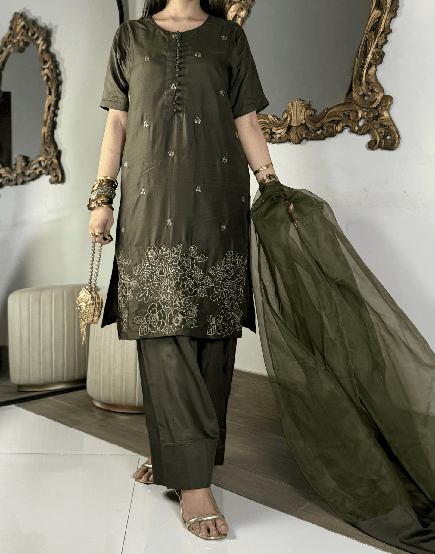 Amna khurram - Olive Green Embroidered Viscose Stitched 3 Piece Suit