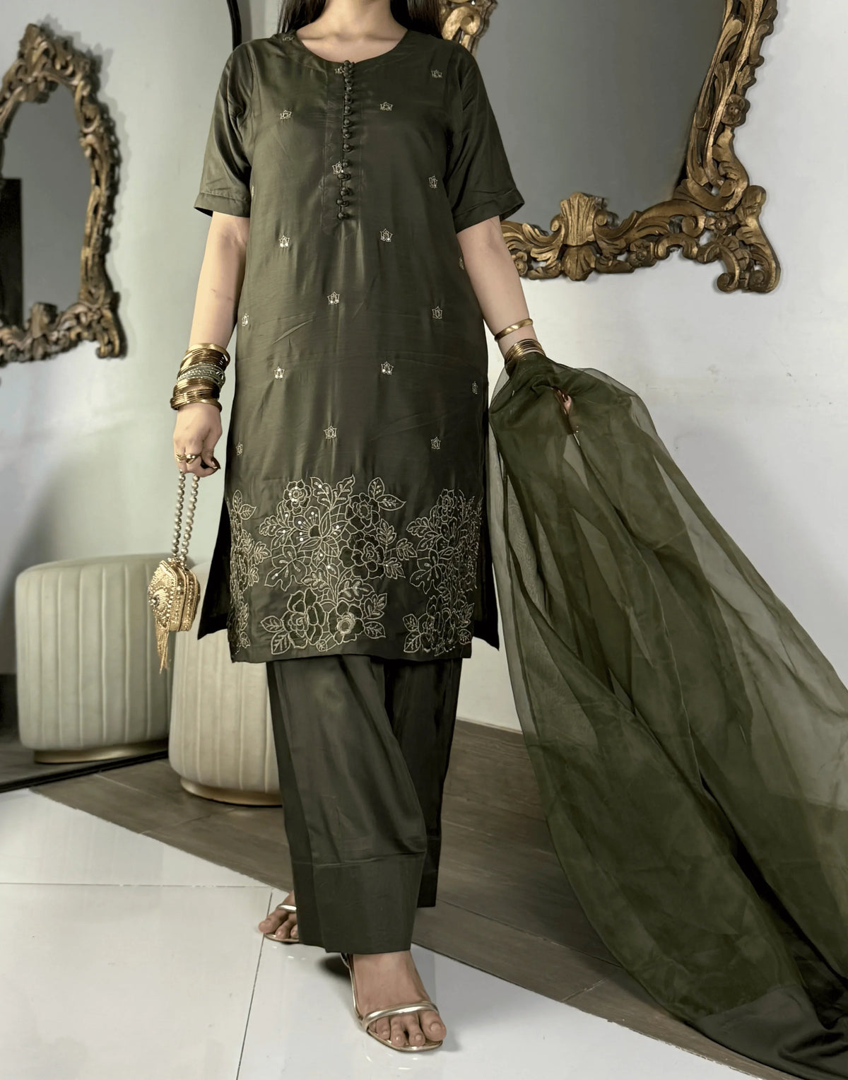 Amna khurram - Olive Green Embroidered Viscose Stitched 3 Piece Suit