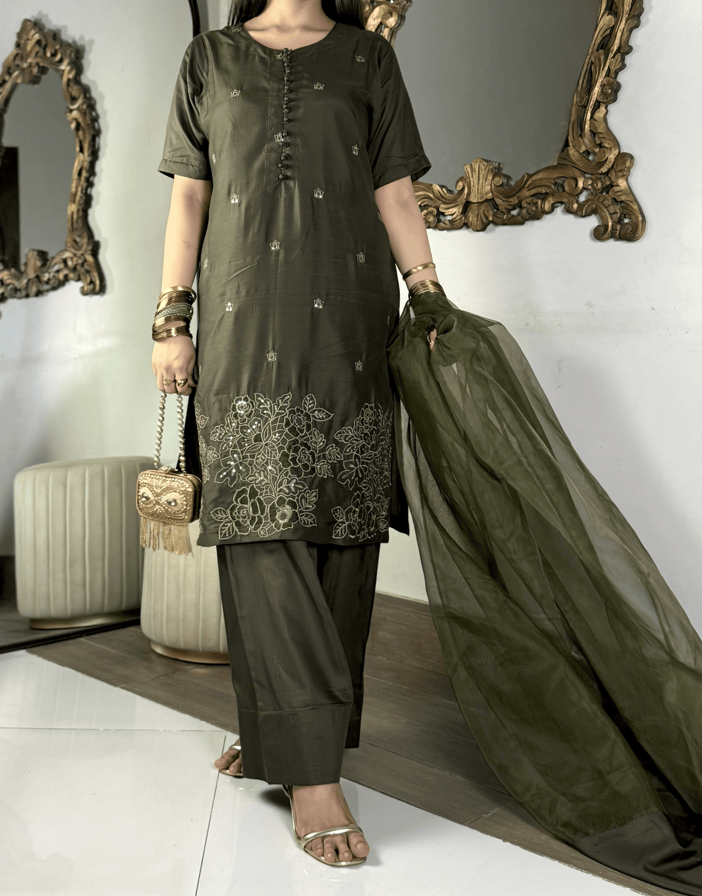 Amna khurram - Olive Green Embroidered Viscose Stitched 3 Piece Suit