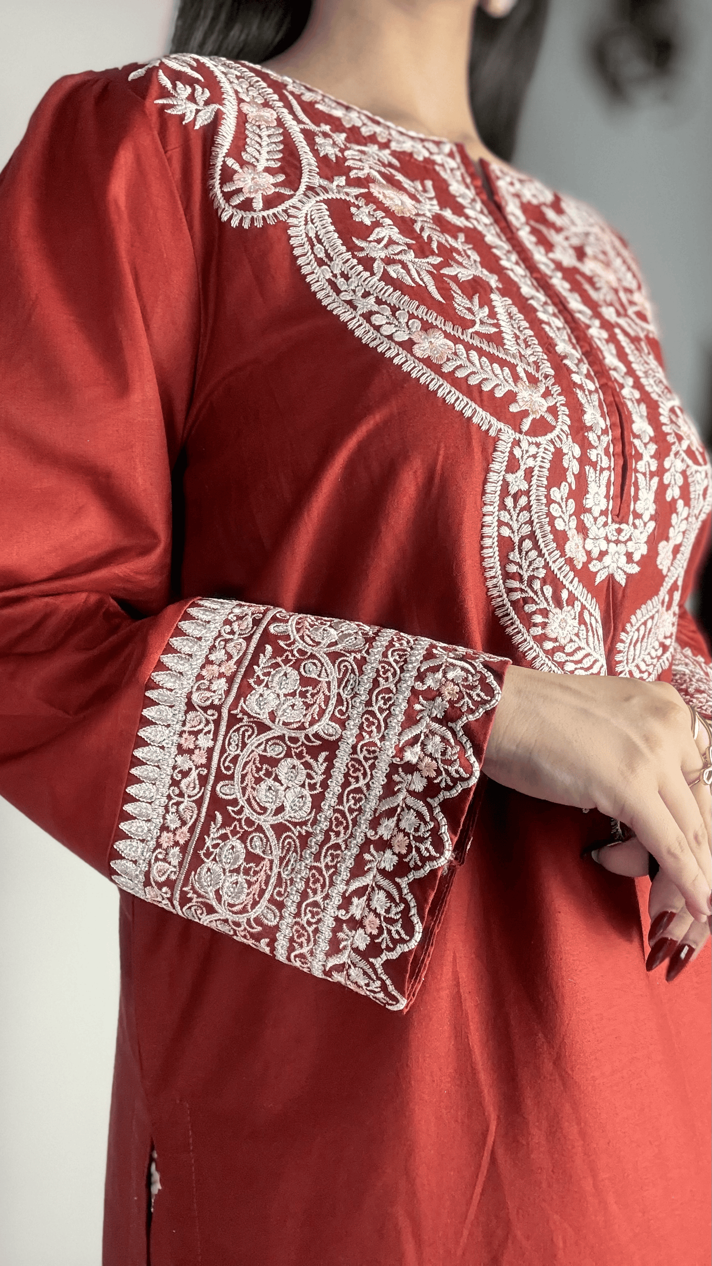 Amna khurram - Rust Red Embroidered Lawn Stitched 3 Piece Suit