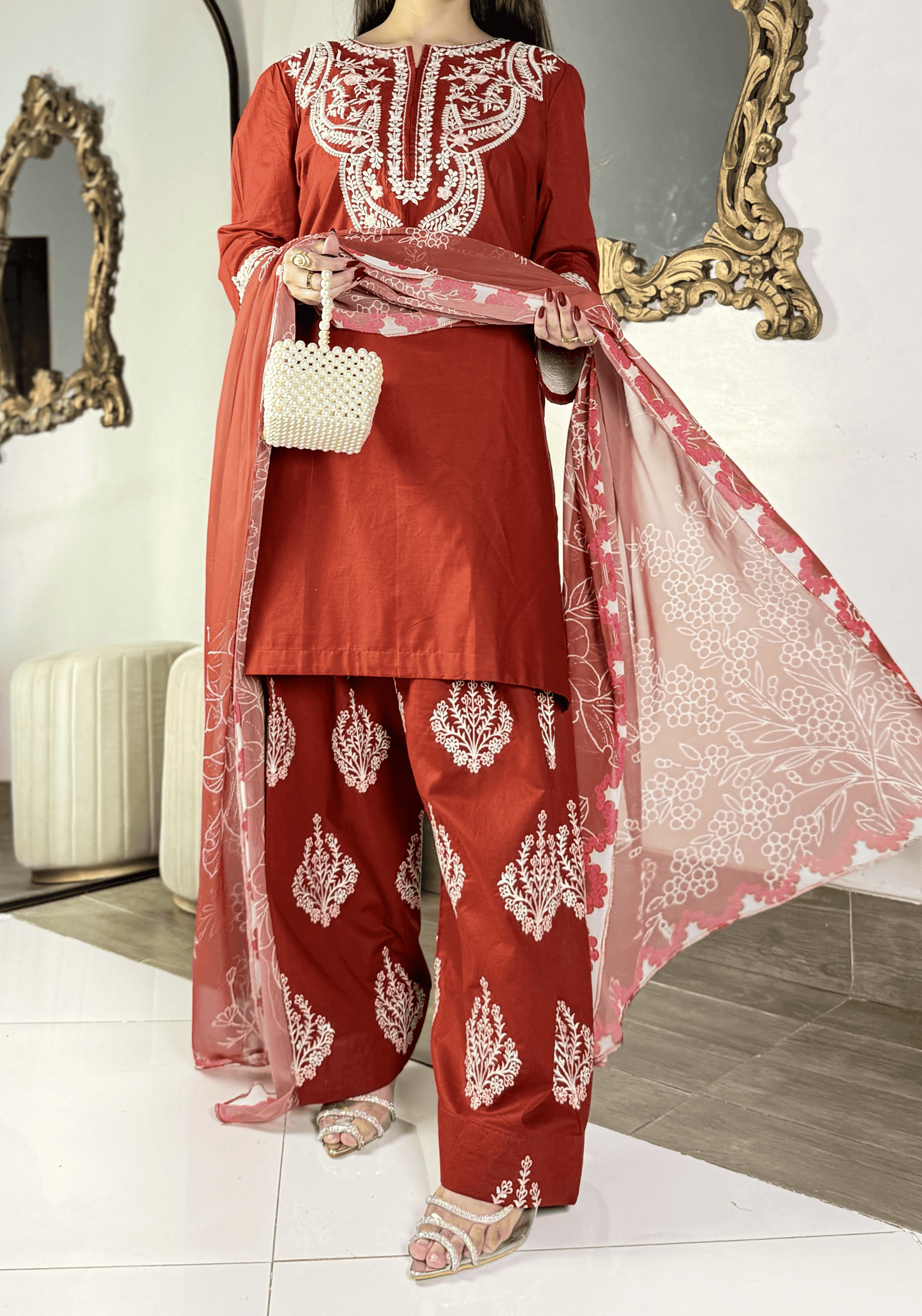 Amna khurram - Rust Red Embroidered Lawn Stitched 3 Piece Suit