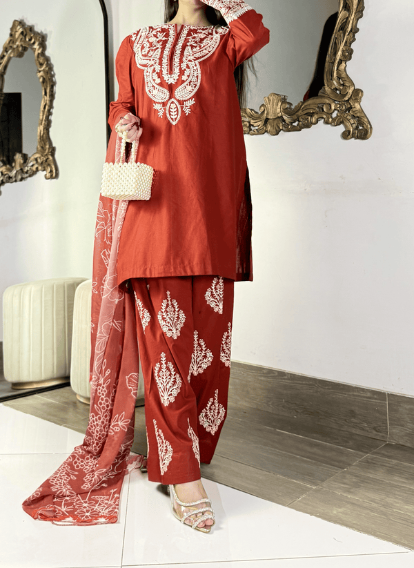 Amna khurram - Rust Red Embroidered Lawn Stitched 3 Piece Suit