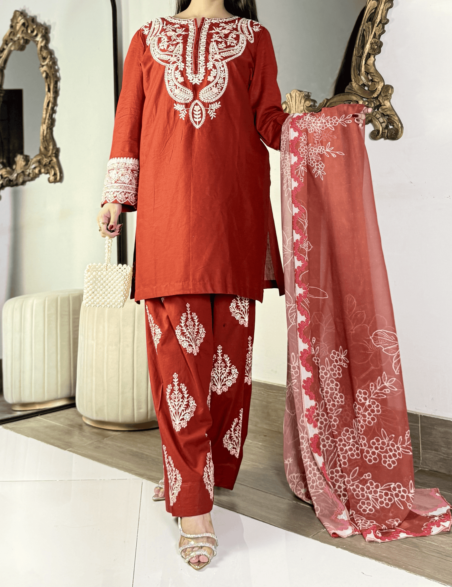 Amna khurram - Rust Red Embroidered Lawn Stitched 3 Piece Suit