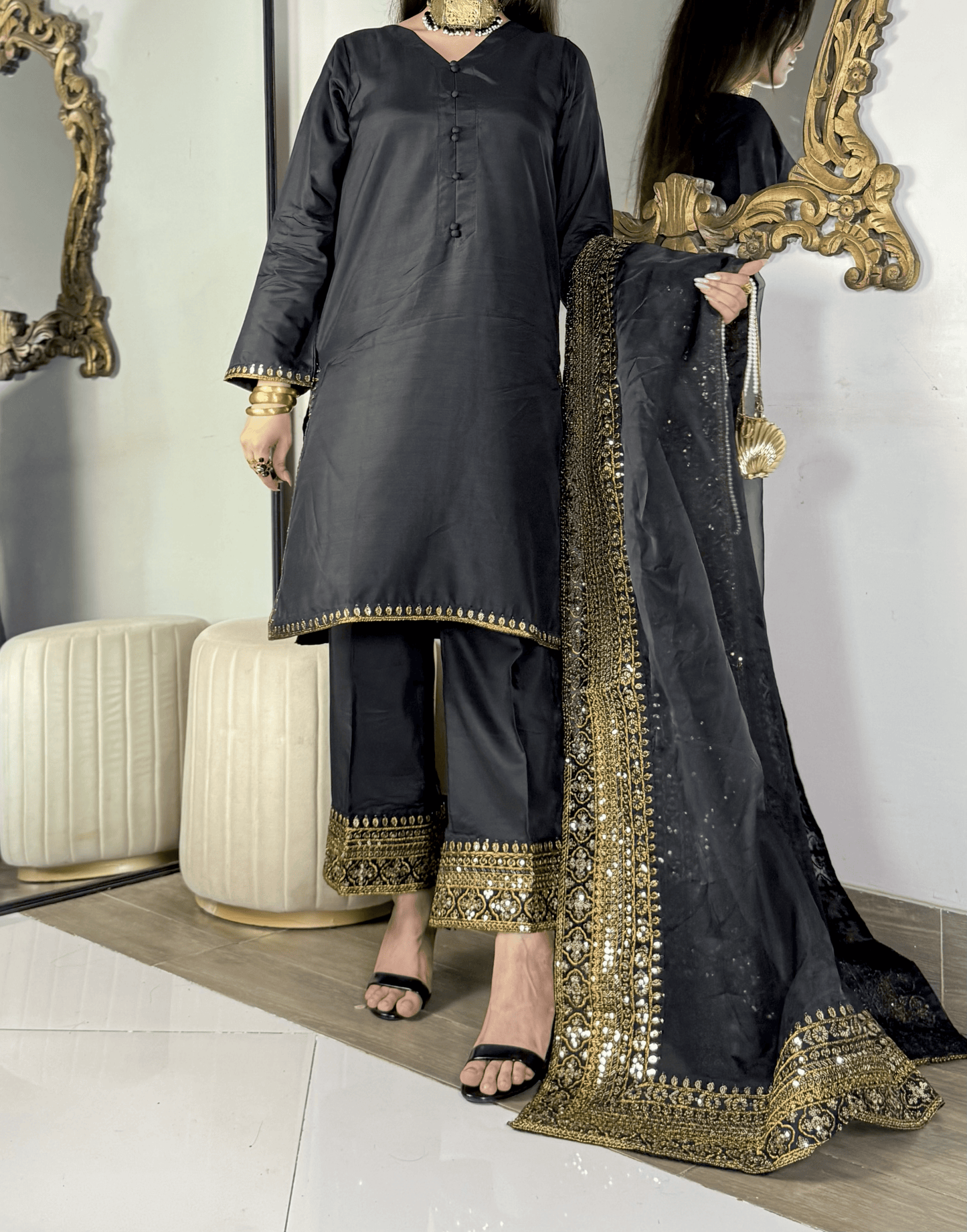Amna Khurram - Midnight Elegance Black Embroidered Viscose Stitched 3 Piece Suit