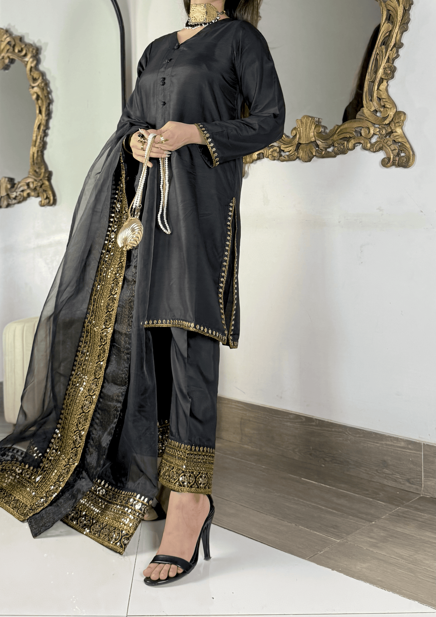 Amna Khurram - Midnight Elegance Black Embroidered Viscose Stitched 3 Piece Suit