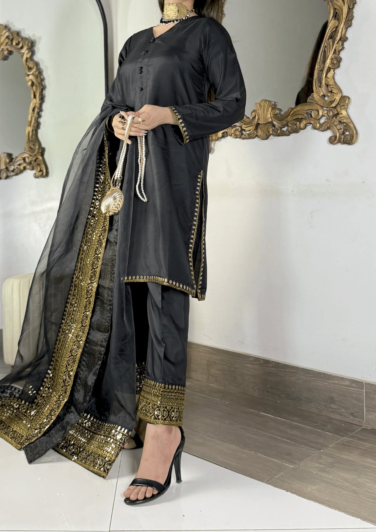 Amna Khurram - Midnight Elegance Black Embroidered Viscose Stitched 3 Piece Suit