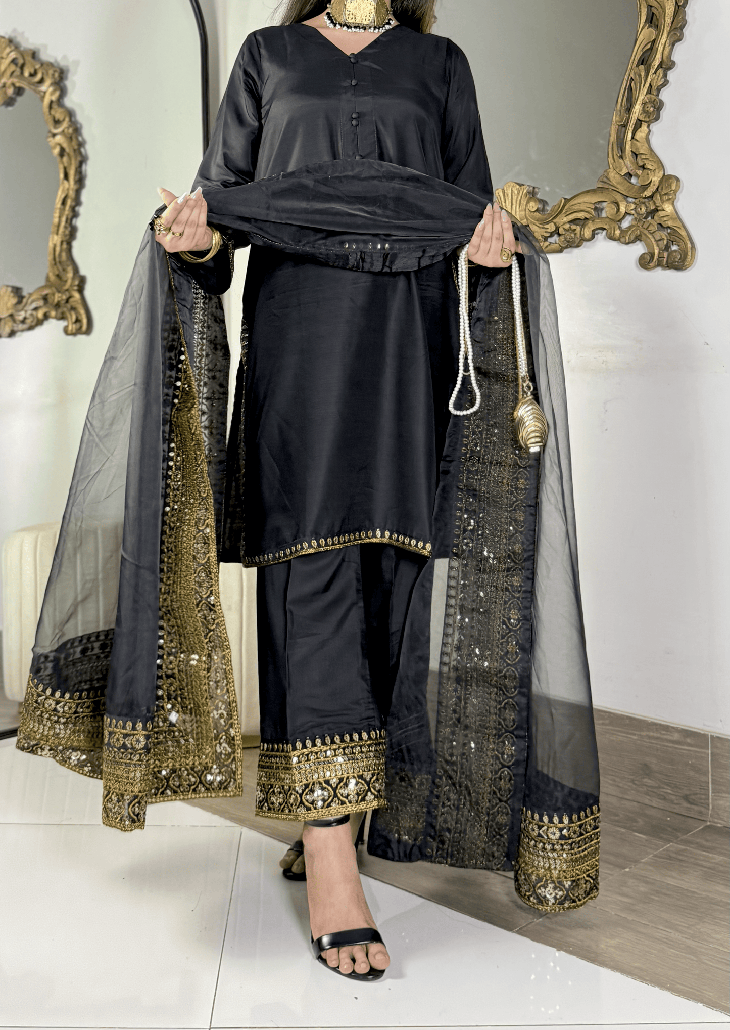 Amna Khurram - Midnight Elegance Black Embroidered Viscose Stitched 3 Piece Suit