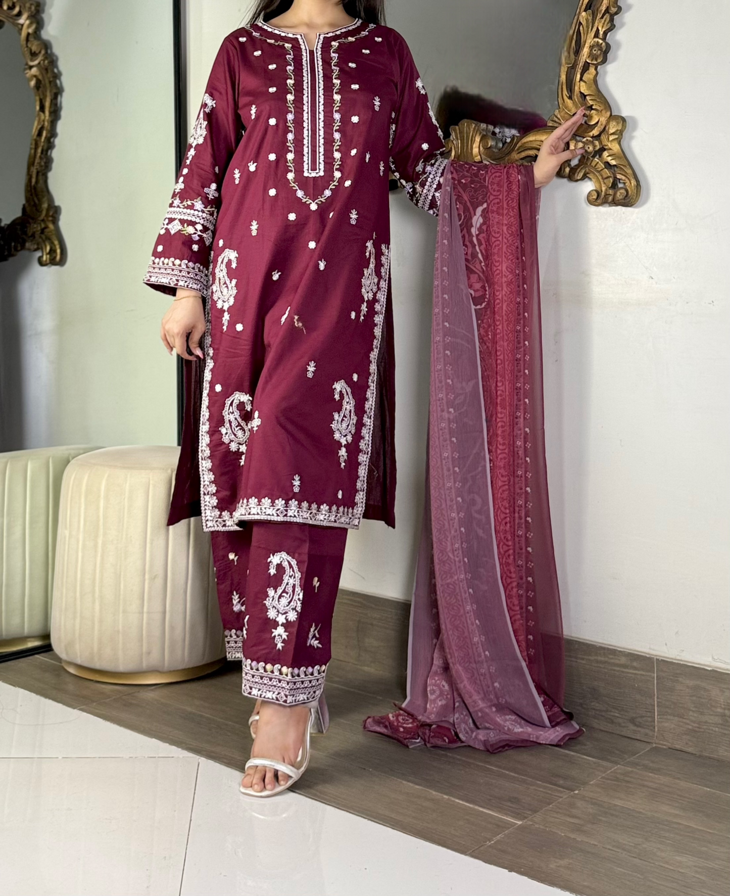 Amna khurram - Maroon Embroidered Stitched 3 Piece Suit