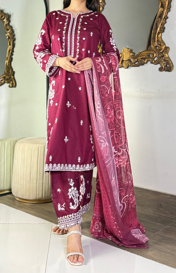 Amna khurram - Maroon Embroidered Stitched 3 Piece Suit