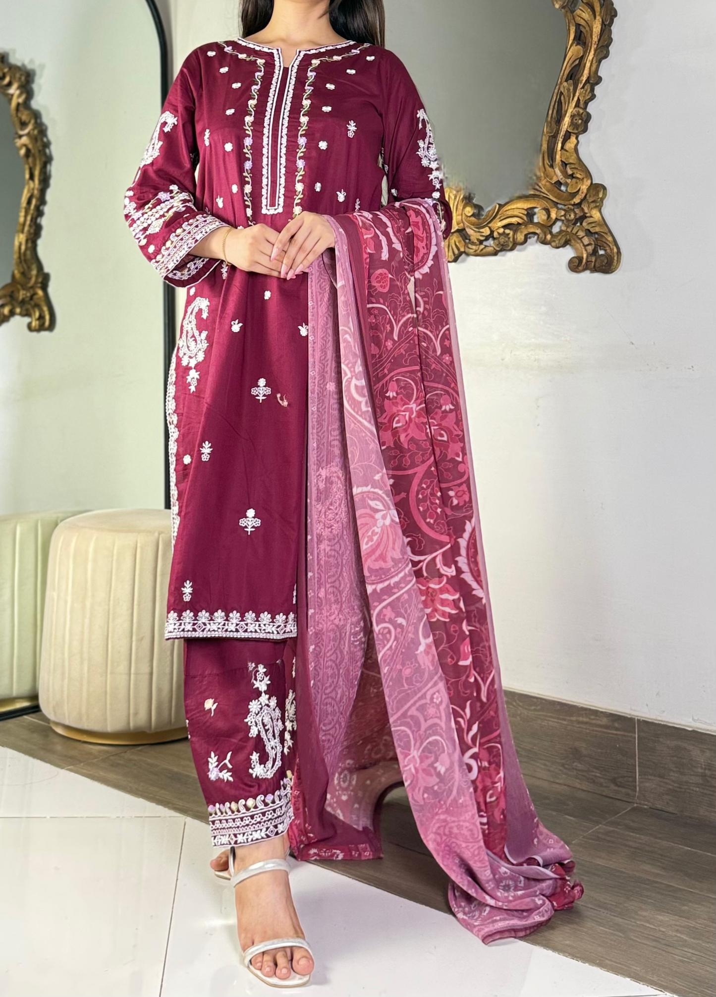 Amna khurram - Maroon Embroidered Stitched 3 Piece Suit