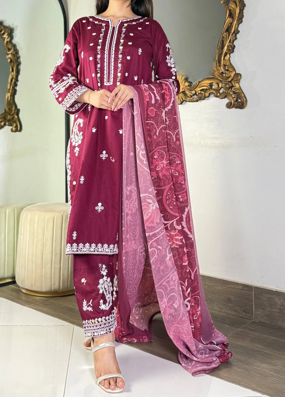 Amna khurram - Maroon Embroidered Stitched 3 Piece Suit