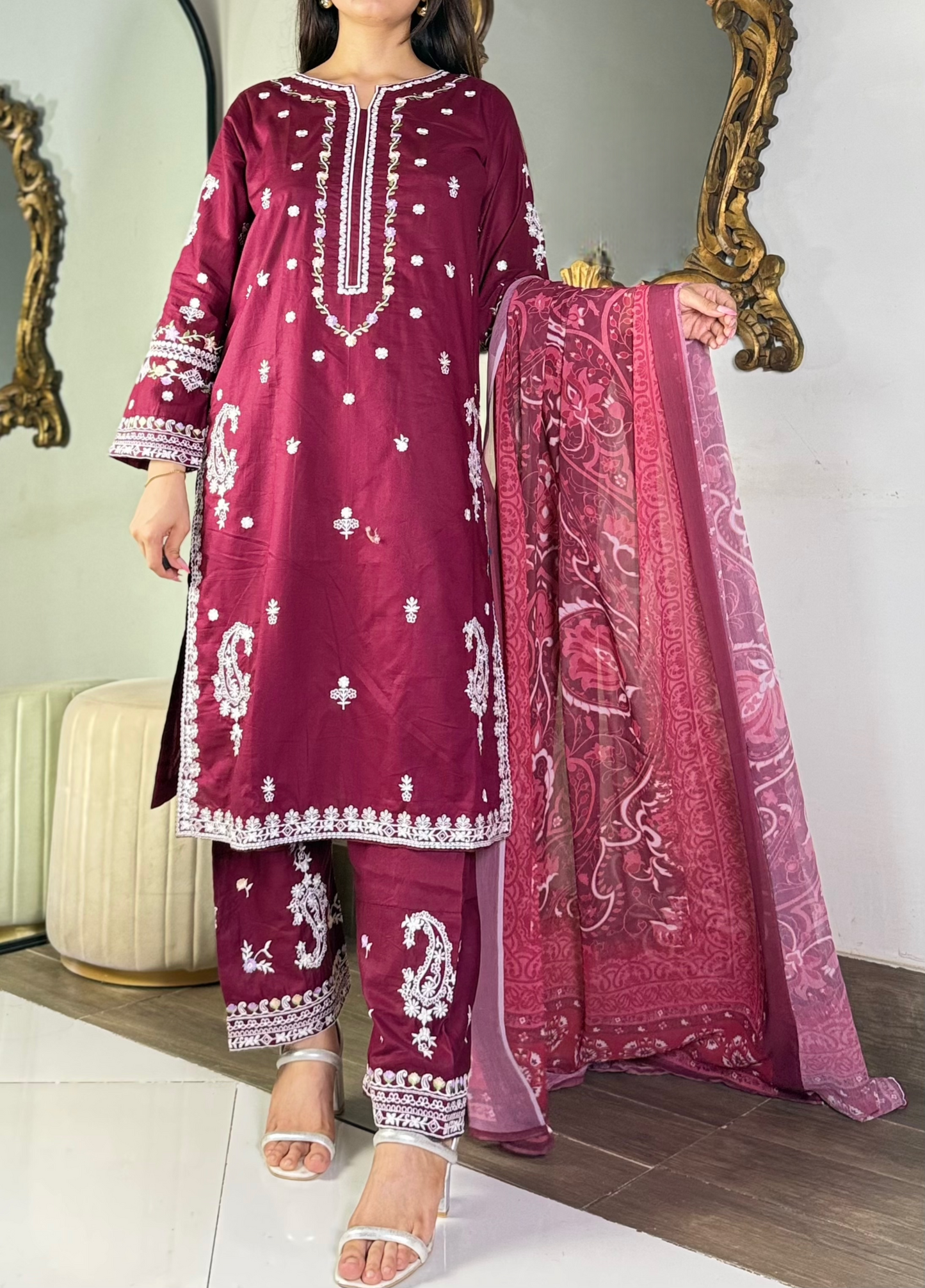 Amna khurram - Maroon Embroidered Stitched 3 Piece Suit