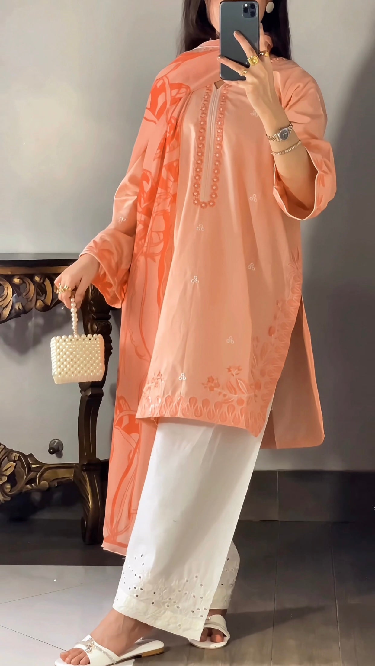 Amna khurram - Peach Embroidered Lawn Cotton Stitched 3 Piece Suit