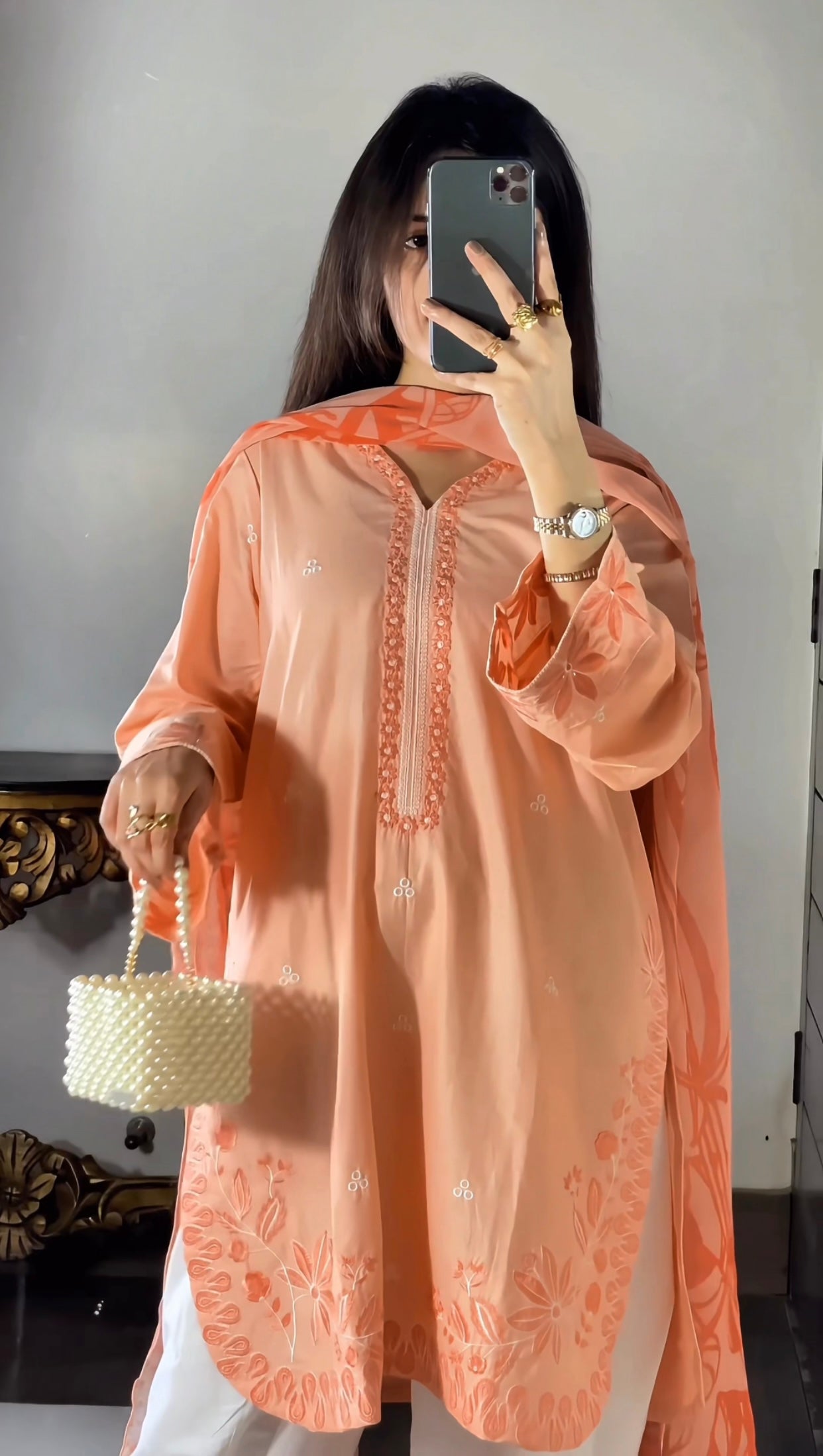 Amna khurram - Peach Embroidered Lawn Cotton Stitched 3 Piece Suit