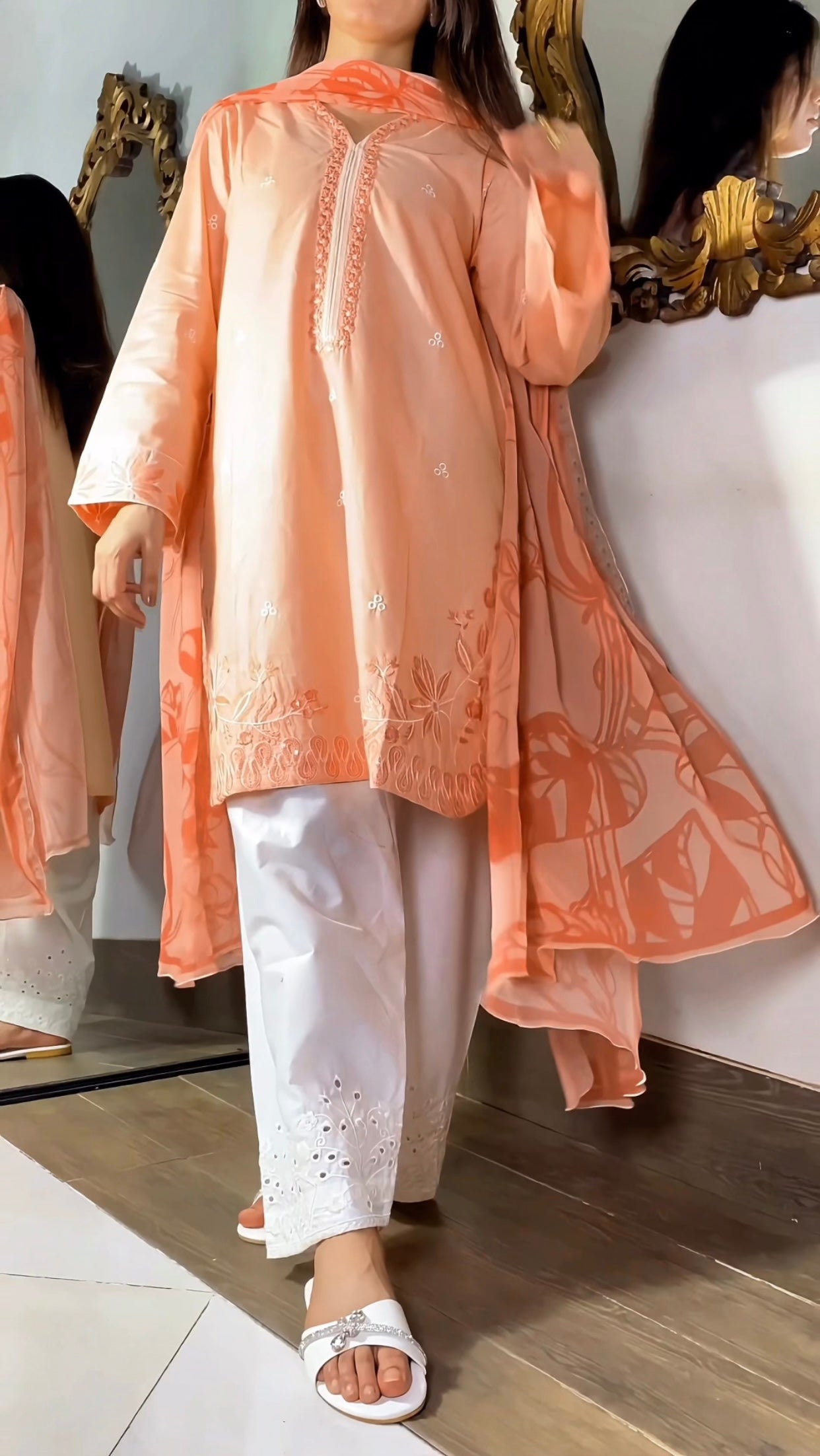 Amna khurram - Peach Embroidered Lawn Cotton Stitched 3 Piece Suit