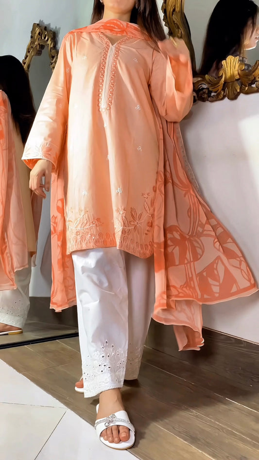 Amna khurram - Peach Embroidered Lawn Cotton Stitched 3 Piece Suit