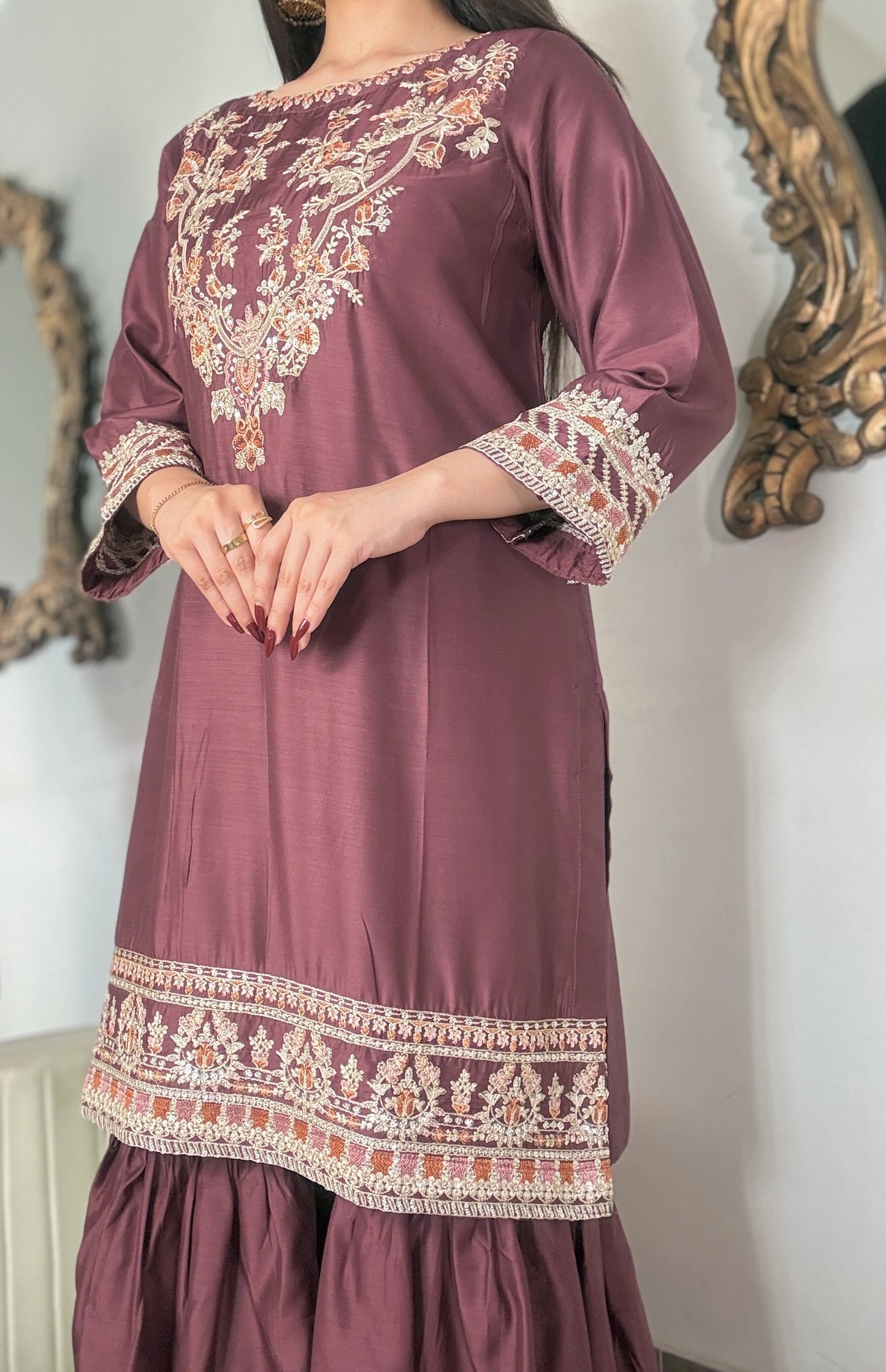 Elegant Viscose Embroidered 3PC Suit with Gharara & Chiffon Dupatta