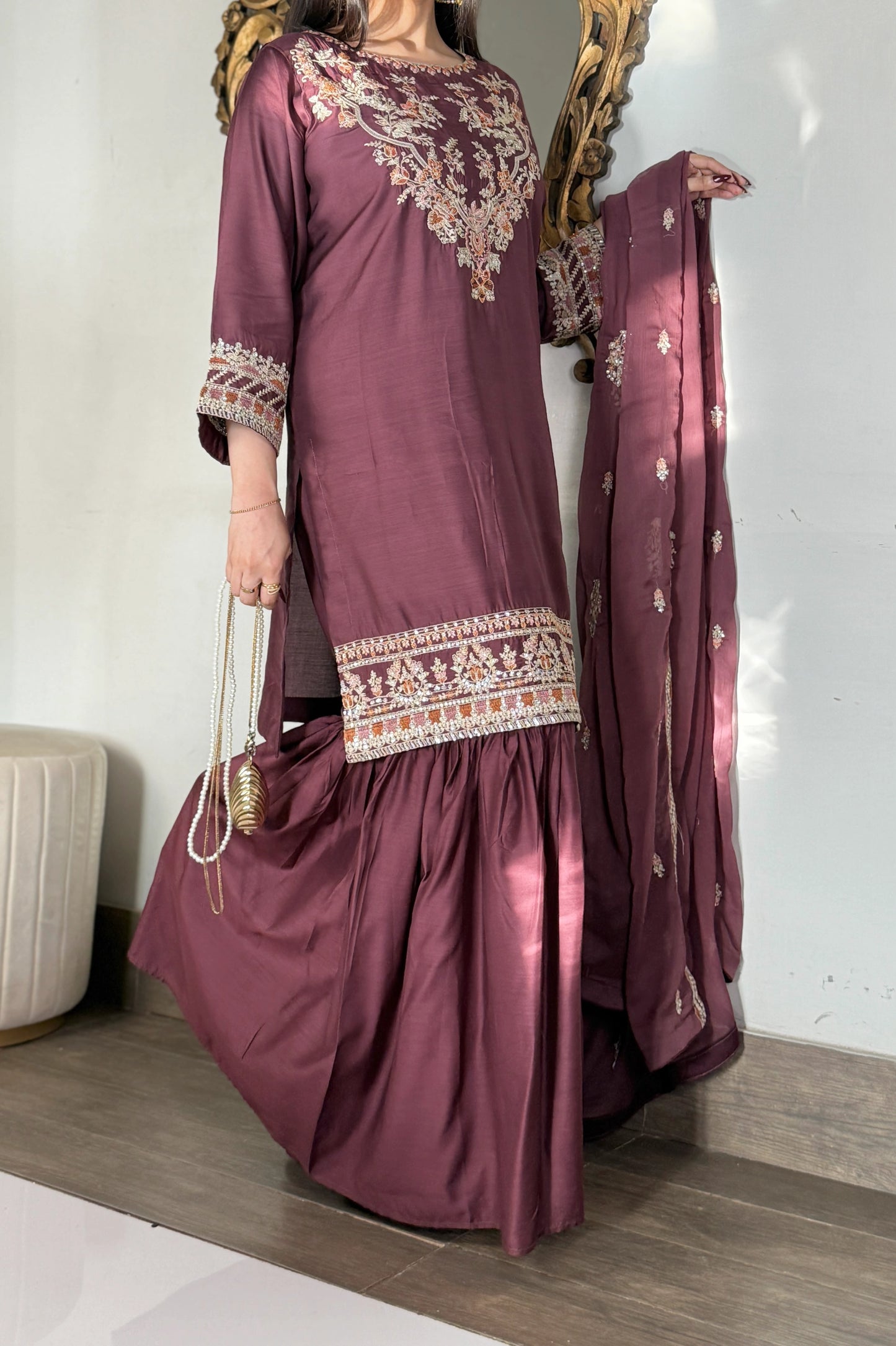 Elegant Viscose Embroidered 3PC Suit with Gharara & Chiffon Dupatta
