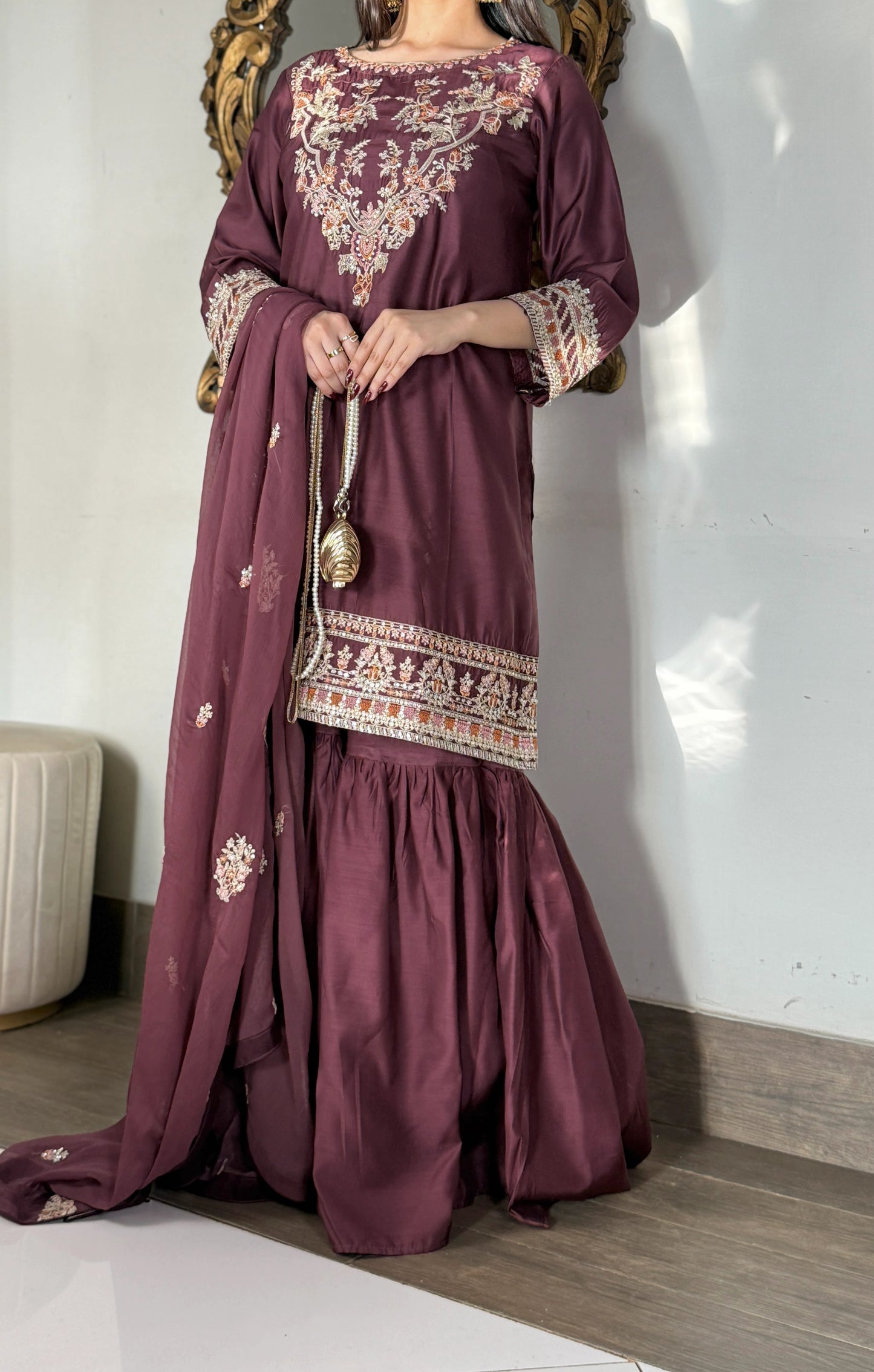 Elegant Viscose Embroidered 3PC Suit with Gharara & Chiffon Dupatta