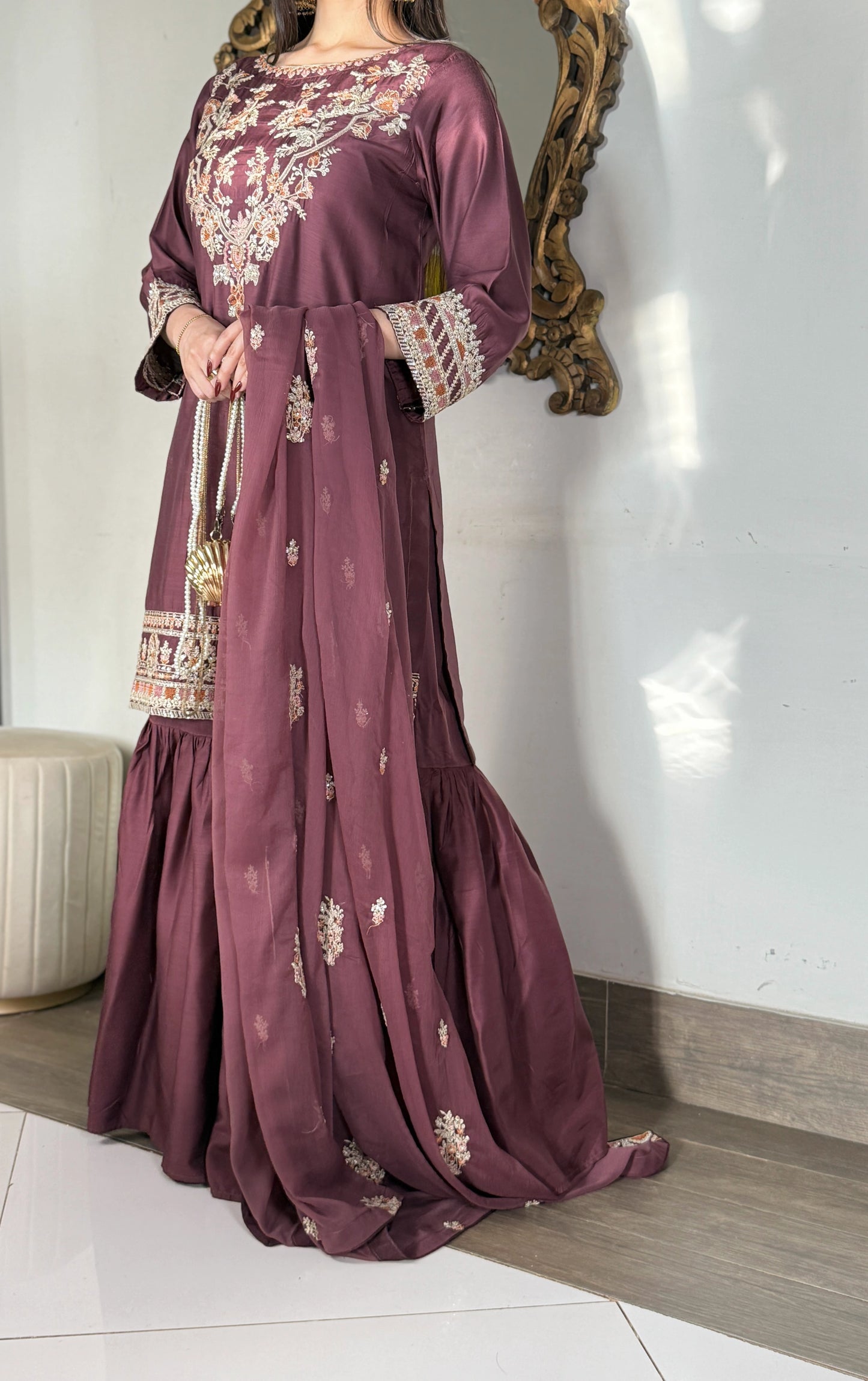 Elegant Viscose Embroidered 3PC Suit with Gharara & Chiffon Dupatta