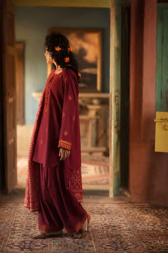 Casual Lite - 3 Piece Stitched Cotton Lawn Suit (Crimson Serenity)