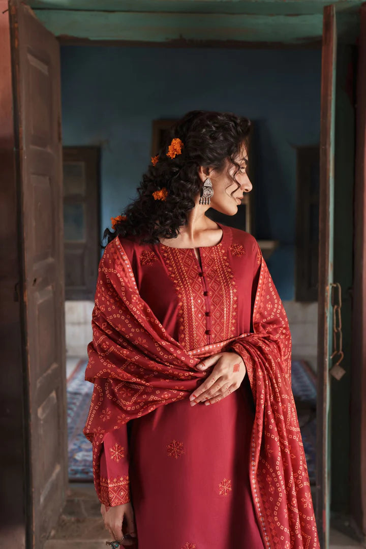 Casual Lite - 3 Piece Stitched Cotton Lawn Suit (Crimson Serenity)