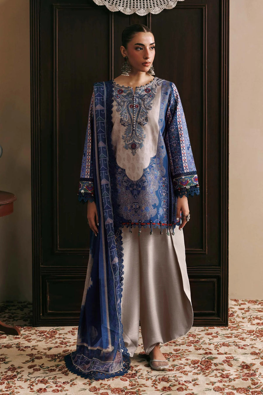 Maria.B M Basics 3 Piece Unstitched Embroidered Slub Khaddar Suit (1A)