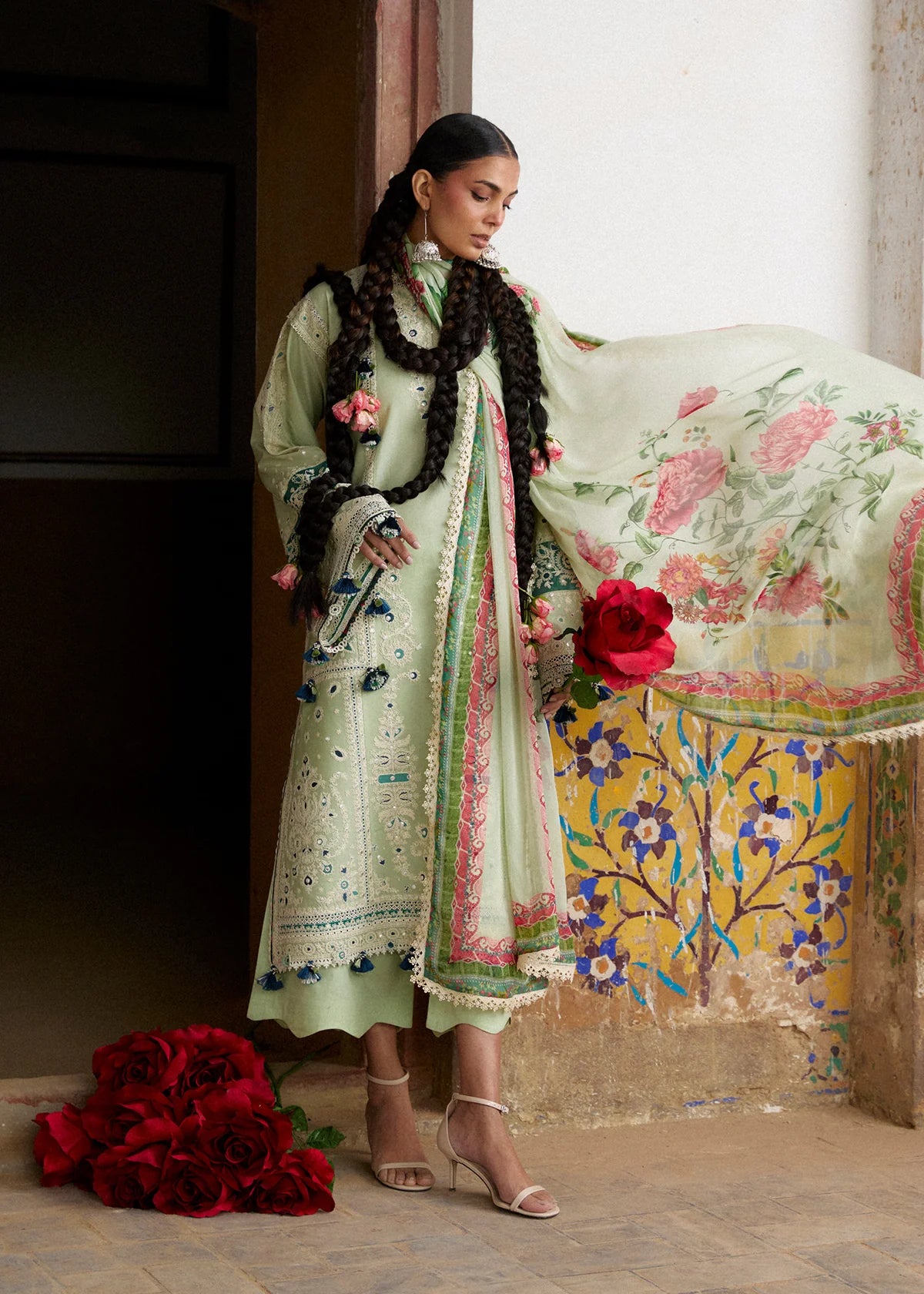 Hussain Rehar by Zun - Embroidered Lawn 3 Piece Unstitched Suit – Mint Green (Nane)