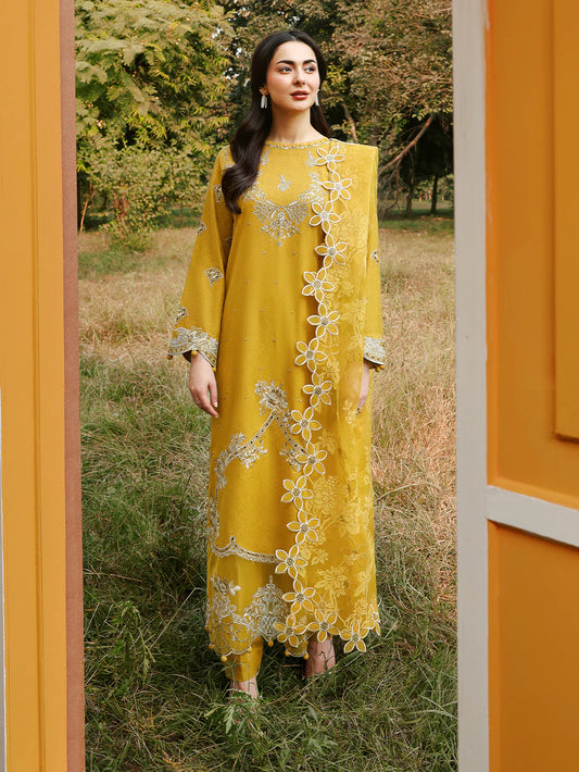 Janaan Premium Chikankari Jacquard 3-Piece Stitched suite (Saffron)