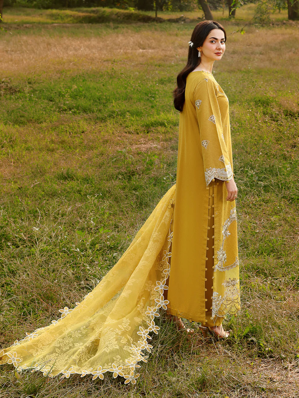 Janaan Premium Chikankari Jacquard 3-Piece Stitched suite (Saffron)