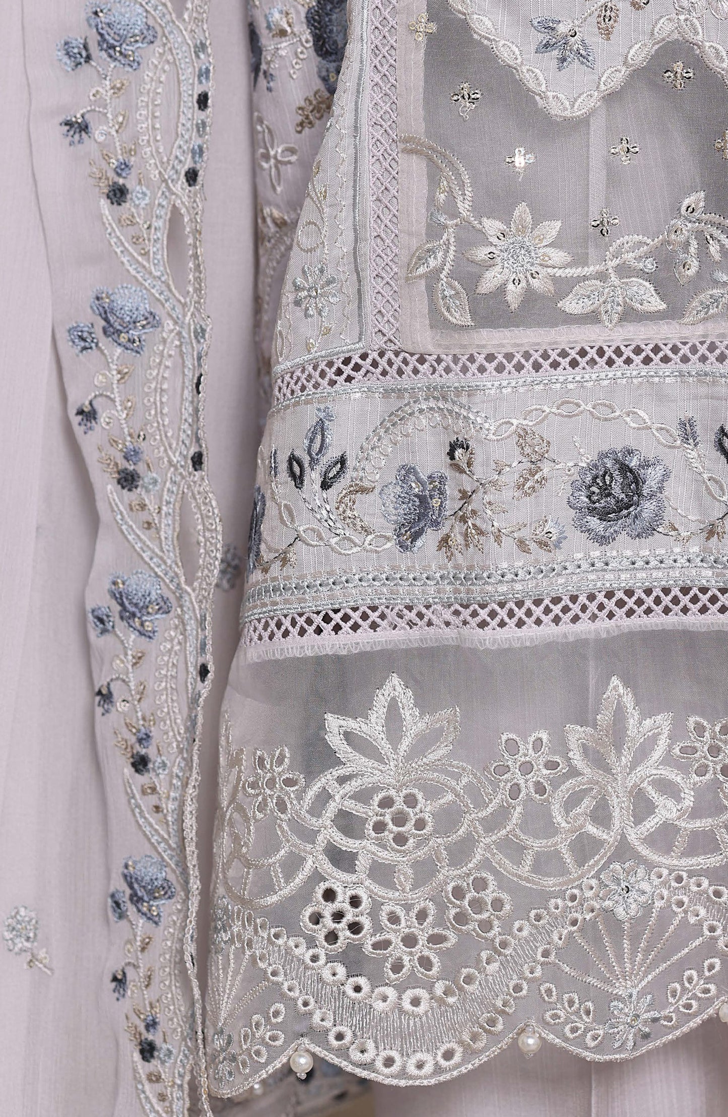 Sadabahar Luxury Embroidered Formal Stitched 3 Piece Suit – D-08 (Silver)