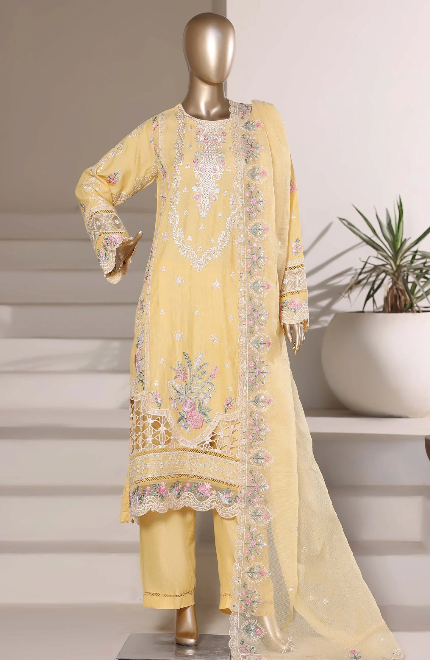 Sadabahar Luxury Embroidered Formal Stitched 3 Piece Suit – D-07 (Yellow)