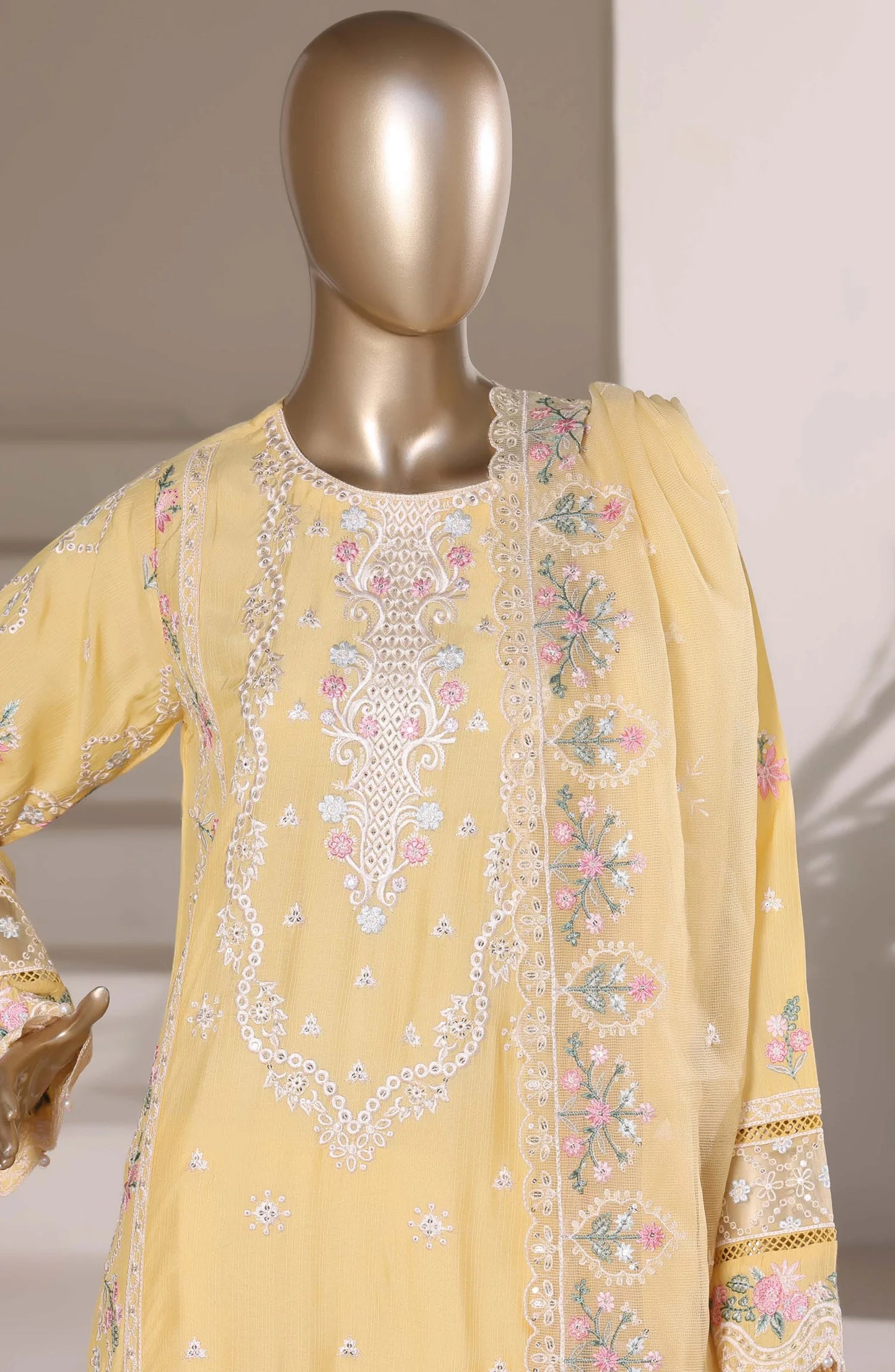 Sadabahar Luxury Embroidered Formal Stitched 3 Piece Suit – D-07 (Yellow)