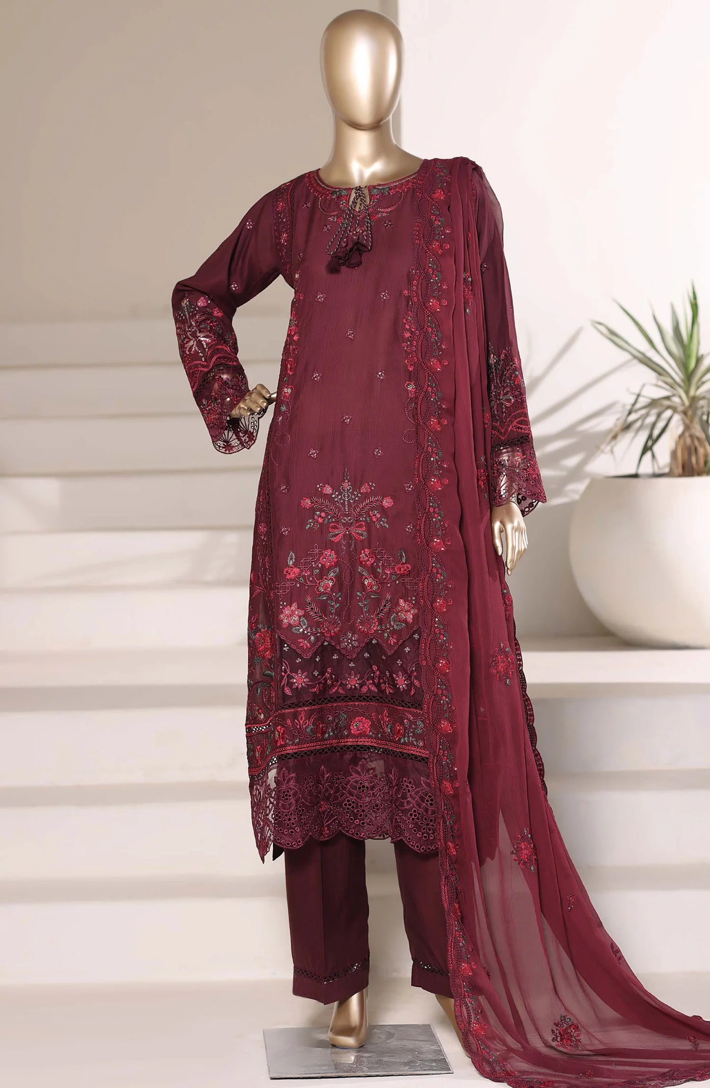 Sadabahar Luxury Embroidered Formal Stitched 3 Piece Suit – D-06 (Maroon)