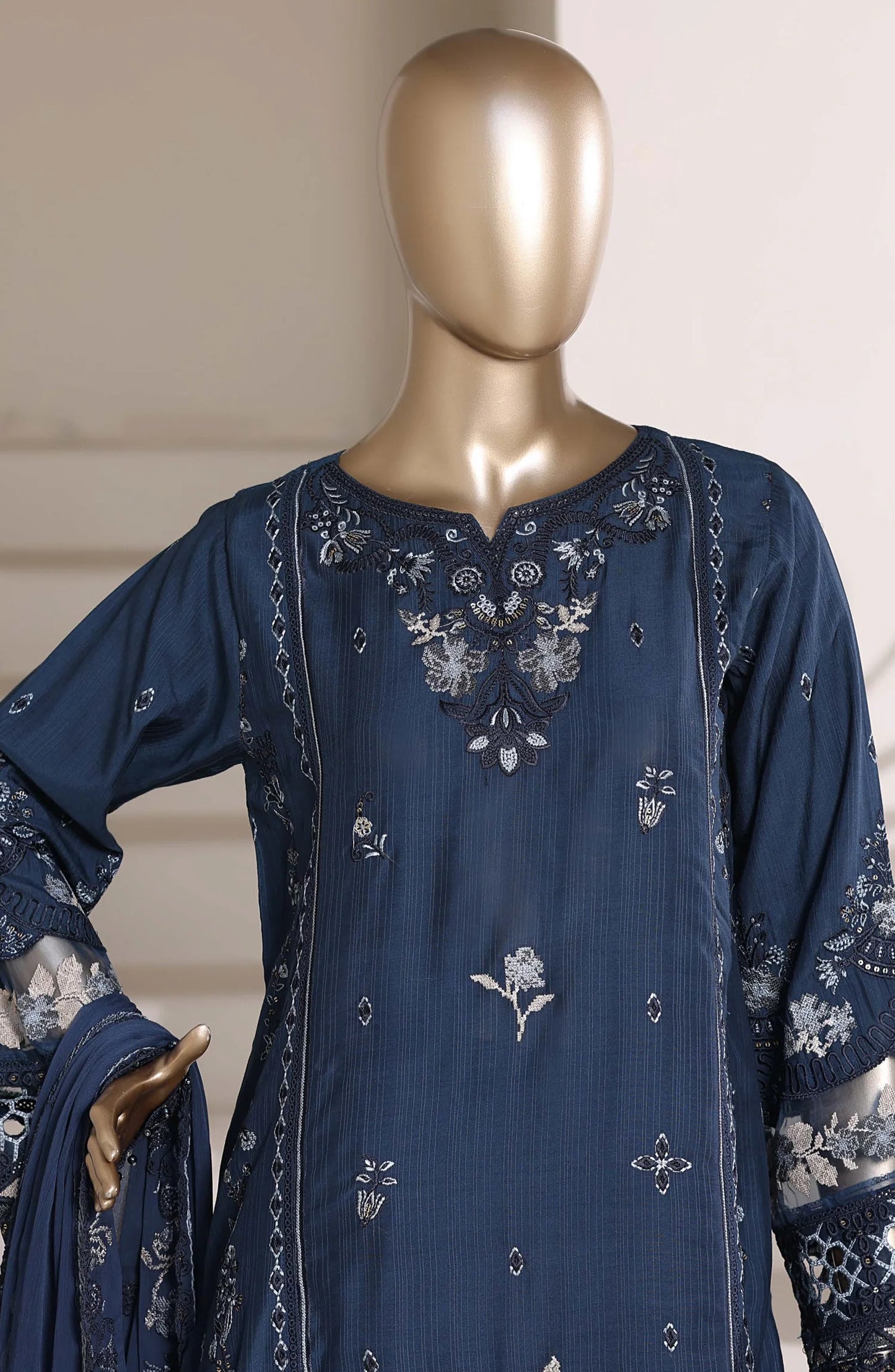 Sadabahar Luxury Embroidered Formal Stitched 3 Piece Suit – D-03 (Blue)