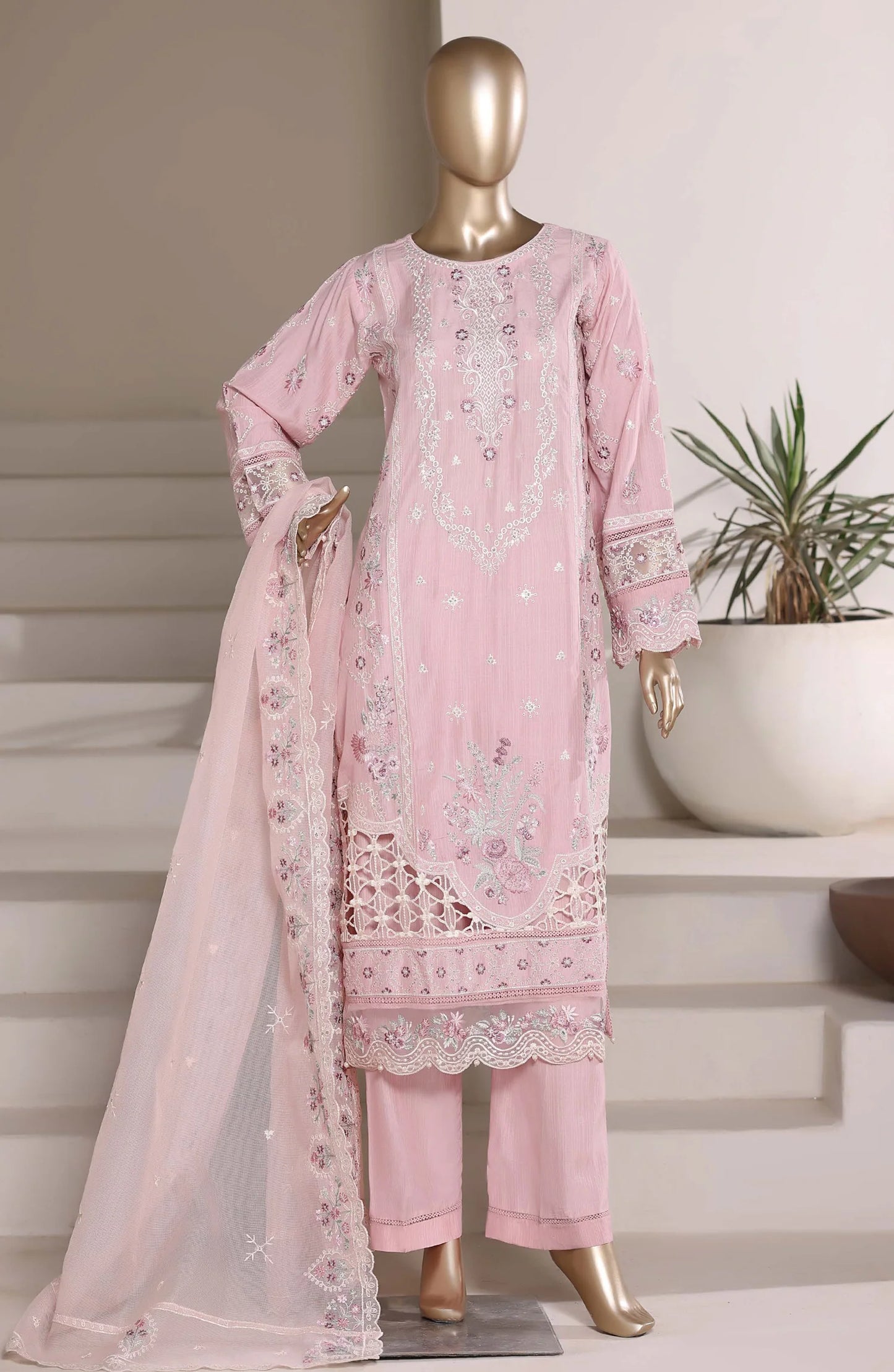 Sadabahar Luxury Embroidered Formal Stitched 3 Piece Suit – D-02 (Pink)