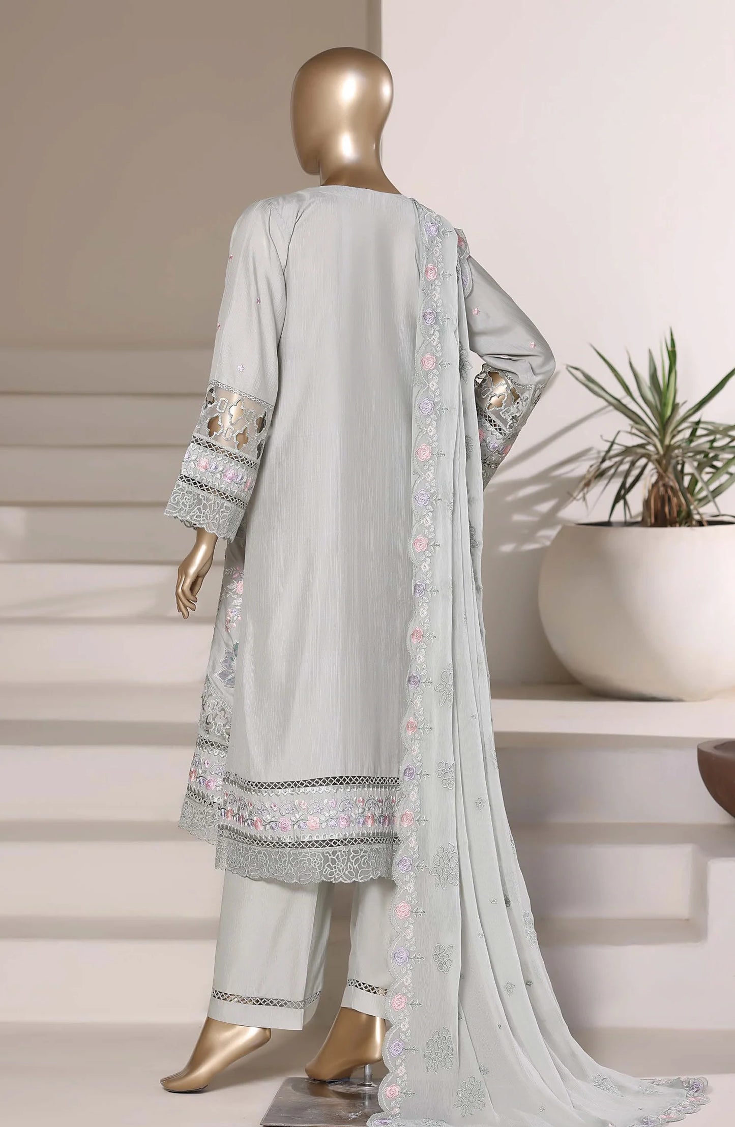 Sadabahar Luxury Embroidered Formal Stitched 3 Piece Suit – D-01 (Grey)